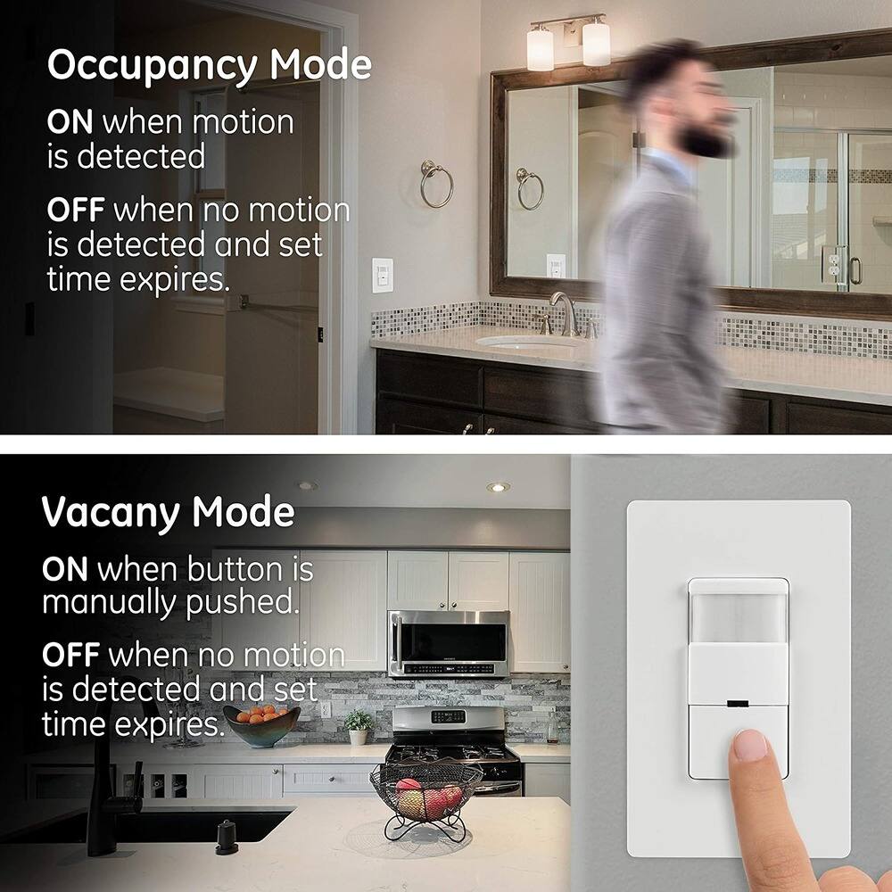 Occupancy Mode  
ON when motion is detected  
OFF when no motion is detected and set time expires.  

Vacancy Mode  
ON when button is manually pushed.  
OFF when no motion is detected and set time expires.
