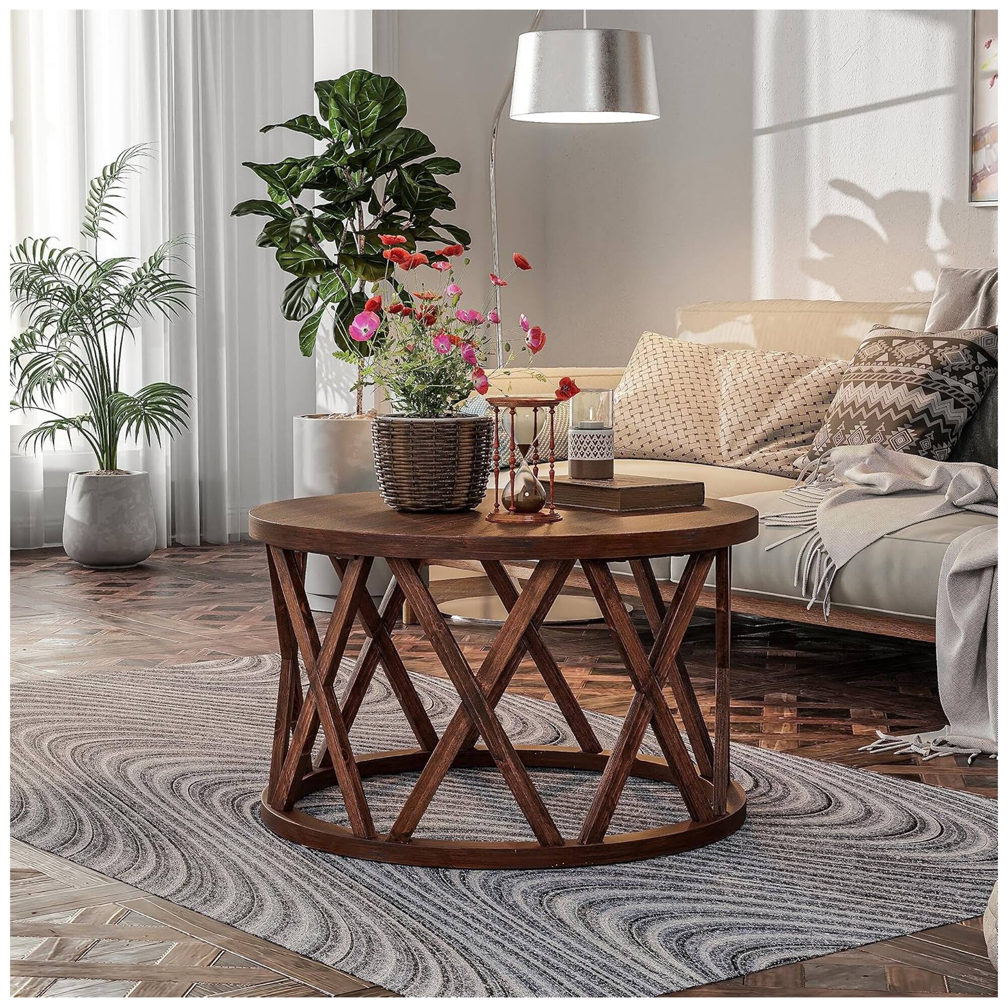 Alt View 5. COZAYH - COZAYH Rustic Round Coffee Table with X-Motif Base for Living Room, Brown - Brown.