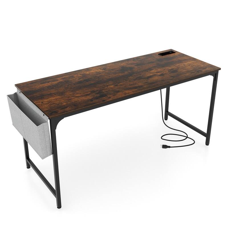 Alt View 5. WELLFOR - 60"  Computer Desk with Charging Station & Storage Bag, Study & Gaming Desk with Metal Frame for Home Office - Rustic Brown.