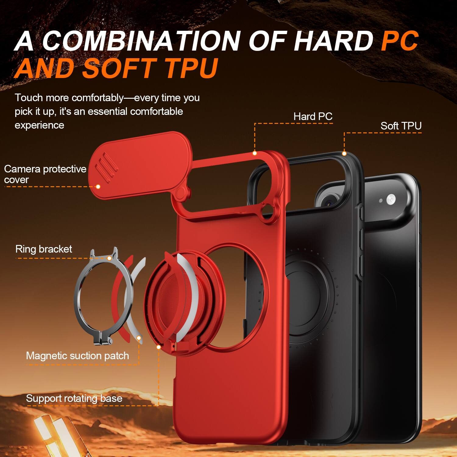 A COMBINATION OF HARD PC AND SOFT TPU

Touch more comfortably—every time you pick it up, it's an essential comfortable experience

Camera protective cover

Ring bracket

Magnetic suction patch

Support rotating base