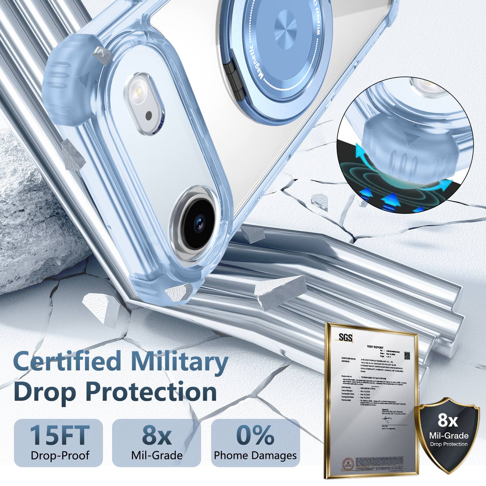 Magnetic Wireless  
Certified Military Drop Protection  
15FT 8x 0% Drop-Proof Mil-Grade Phone Damages  
SGS  
8x Mil-Grade Drop Protection