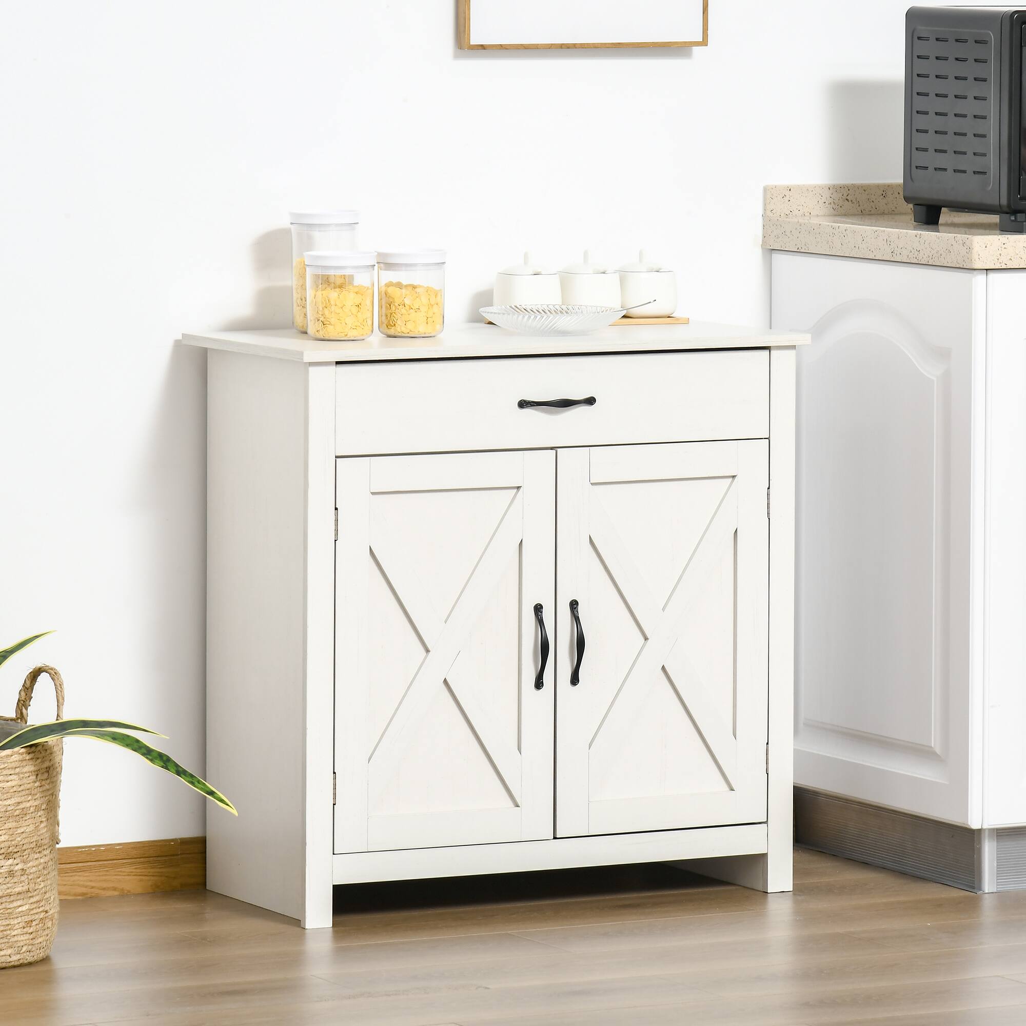 Alt View 1. Homcom - Sideboard Cabinet with Barn Doors Kitchen Buffet Cabinet with Drawer and Adjustable Shelf Stone White - White.