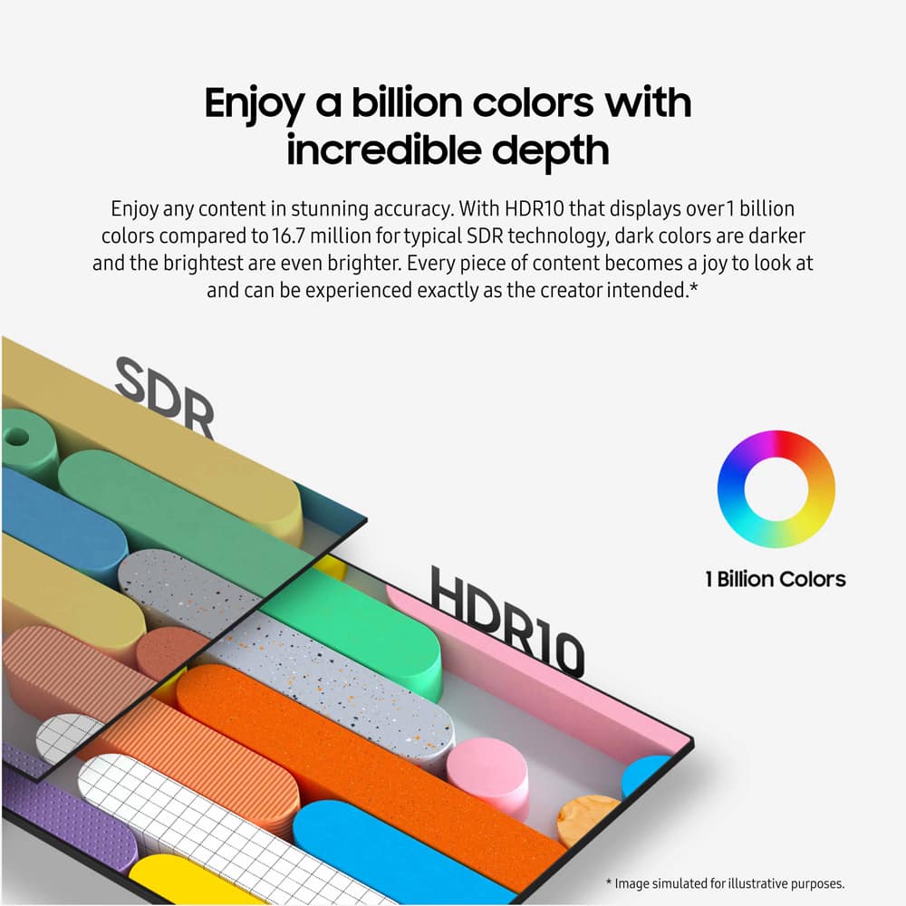 Enjoy a billion colors with incredible depth. With HDR10, that displays over 1 billion colors compared to 16.7 million for typical SDR technology, dark colors are darker and the brightest are even brighter. Every piece of content becomes a joy to look at and can be experienced exactly as the creator intended.