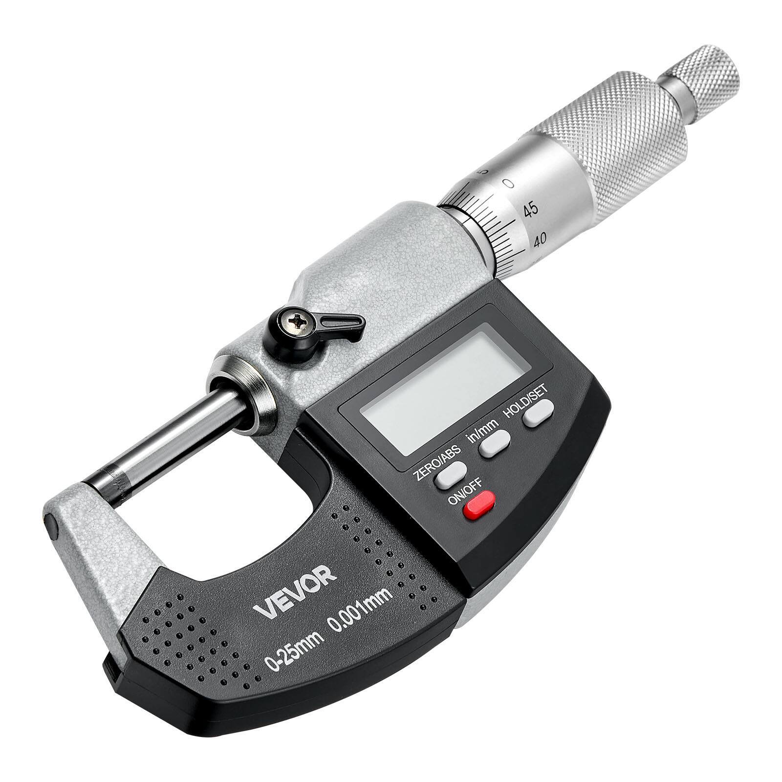 0 45 40 HOLD/SET in/mm ZERO/ABS ON/OFF  
VEVOR  
0.001mm 0-25mm