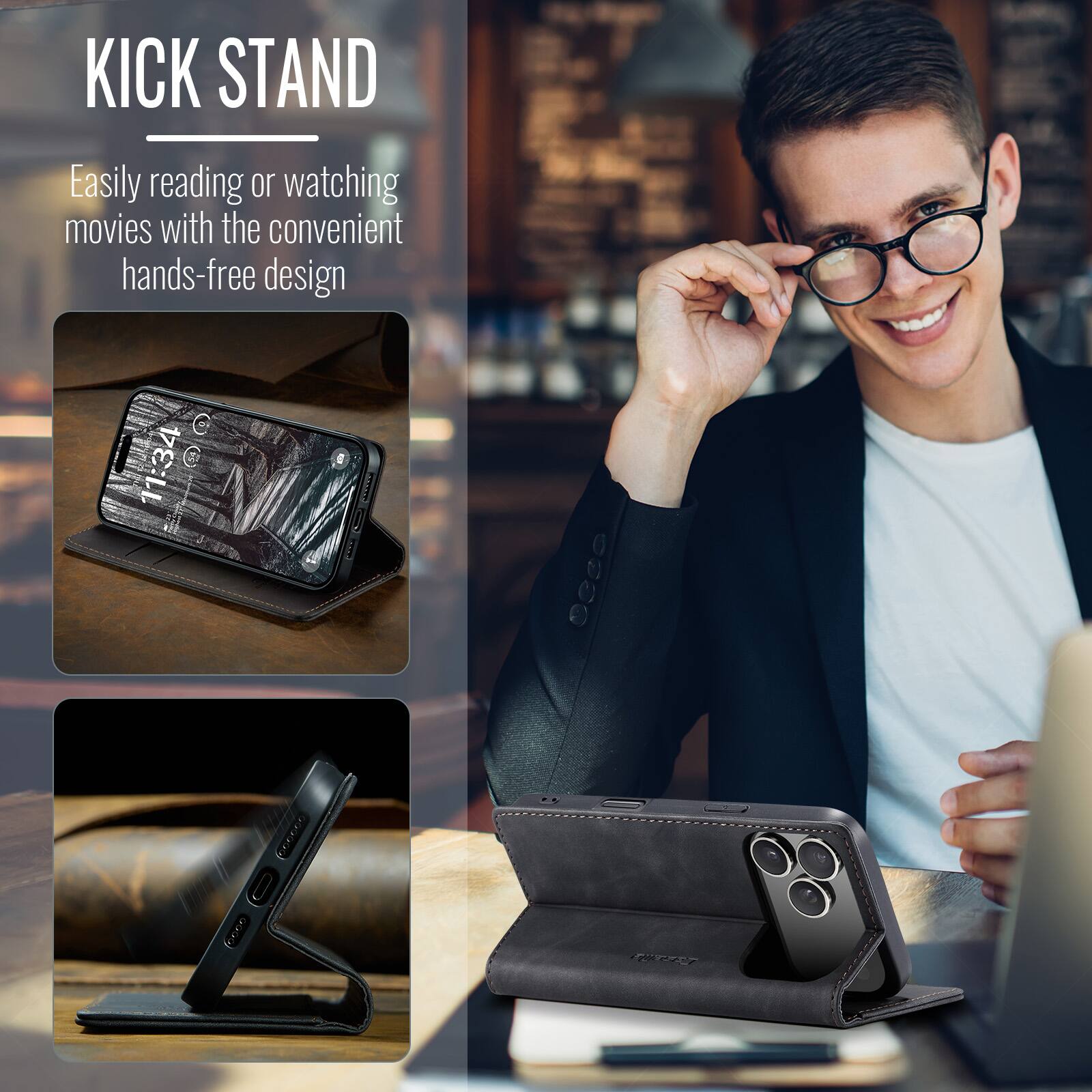 KICK STAND  
Easily reading or watching movies with the convenient hands-free design