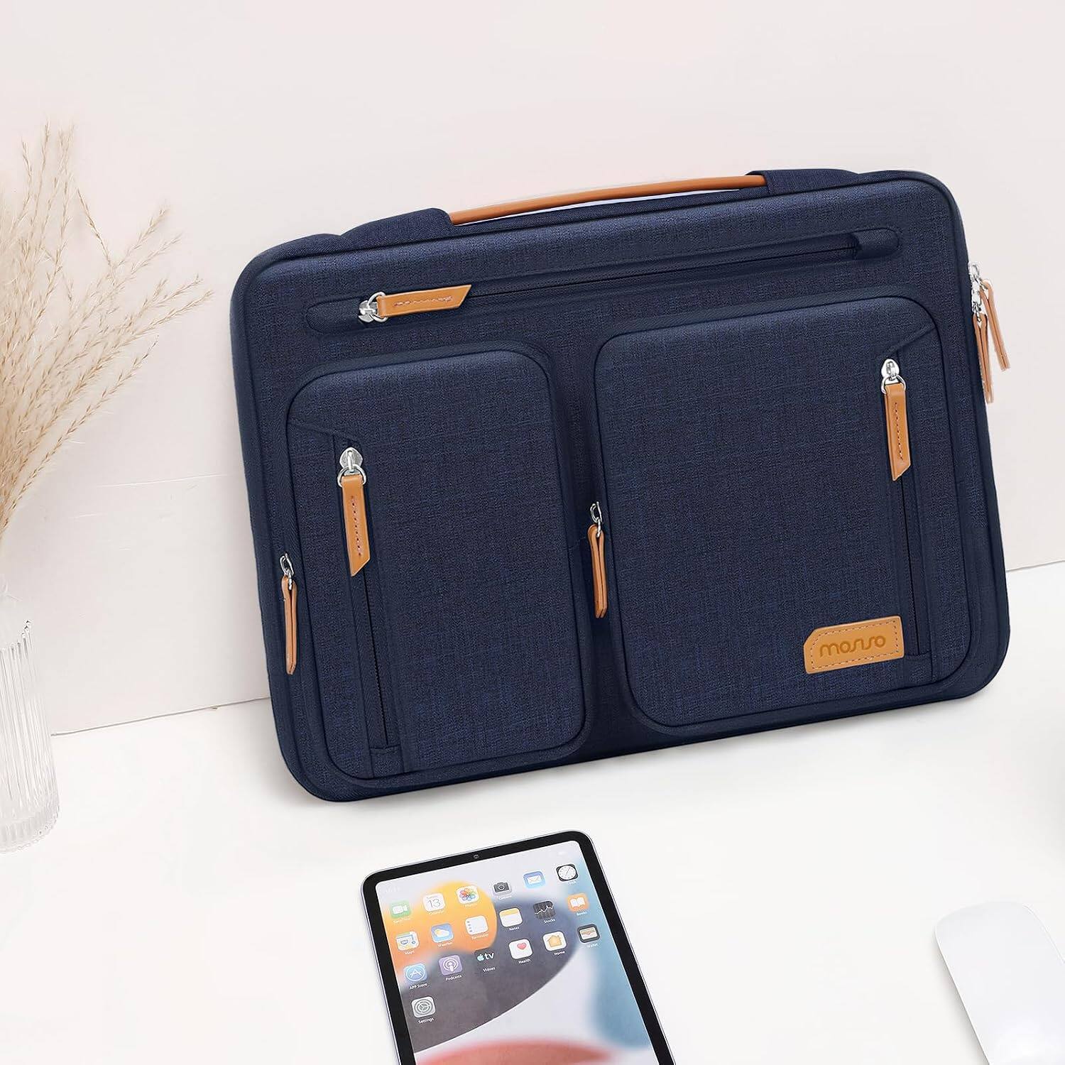 Alt View 3. mosiso - Laptop Sleeve 13-13.3 Inch, 360 Protective Laptop Case with 5 Accessory Pockets for MacBook Air Pro 13 14 HP Dell - Navy Blue.