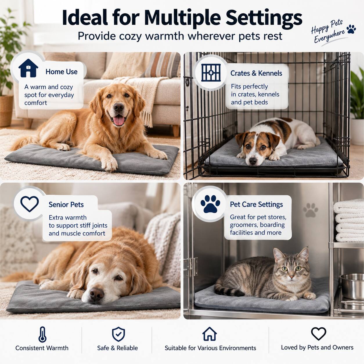 Ideal for Multiple Settings  
Provide cozy warmth wherever pets rest  
Happy Pets Everywhere  

Home Use  
A warm and cozy spot for everyday comfort  

Crates & Kennels  
Fits perfectly in crates, kennels and pet beds  

Senior Pets  
Extra warmth to support stiff joints and muscle comfort  

Pet Care Settings  
Great for pet stores, groomers, boarding facilities and more  

Consistent Warmth  
Safe & Reliable  
Suitable for Various Environments  
Loved by Pets and Owners