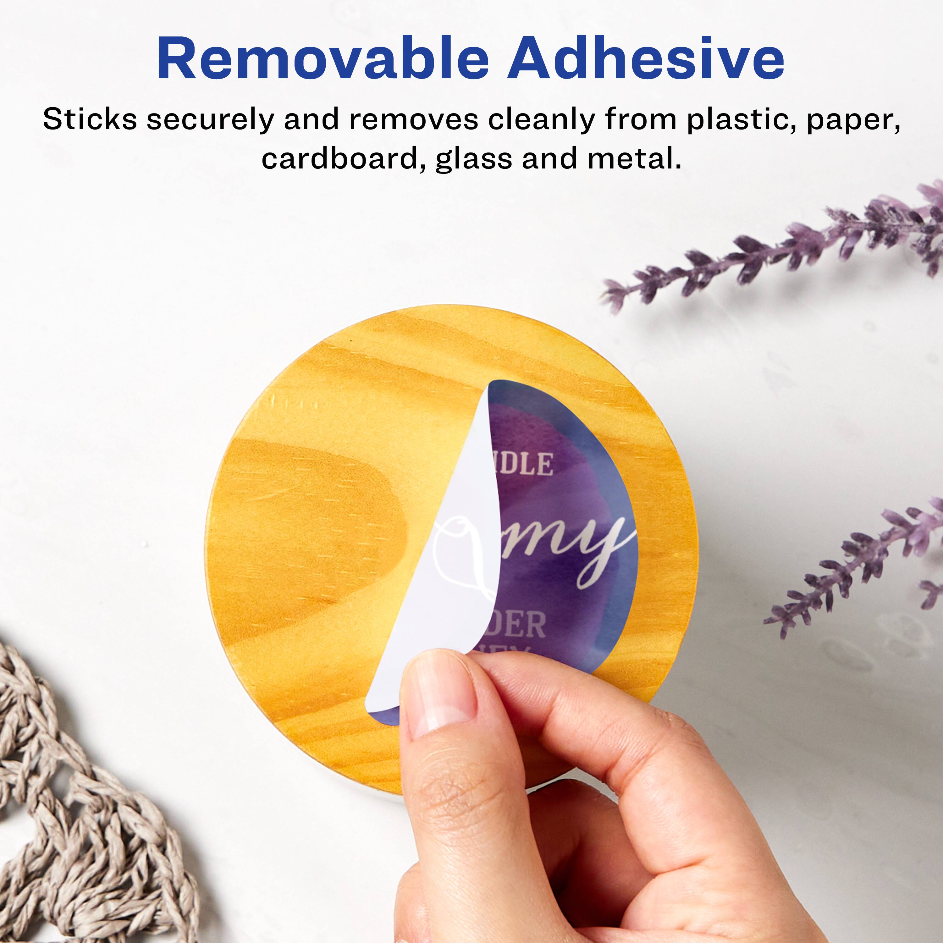 Removable Adhesive  
Sticks securely and removes cleanly from plastic, paper, cardboard, glass and metal.