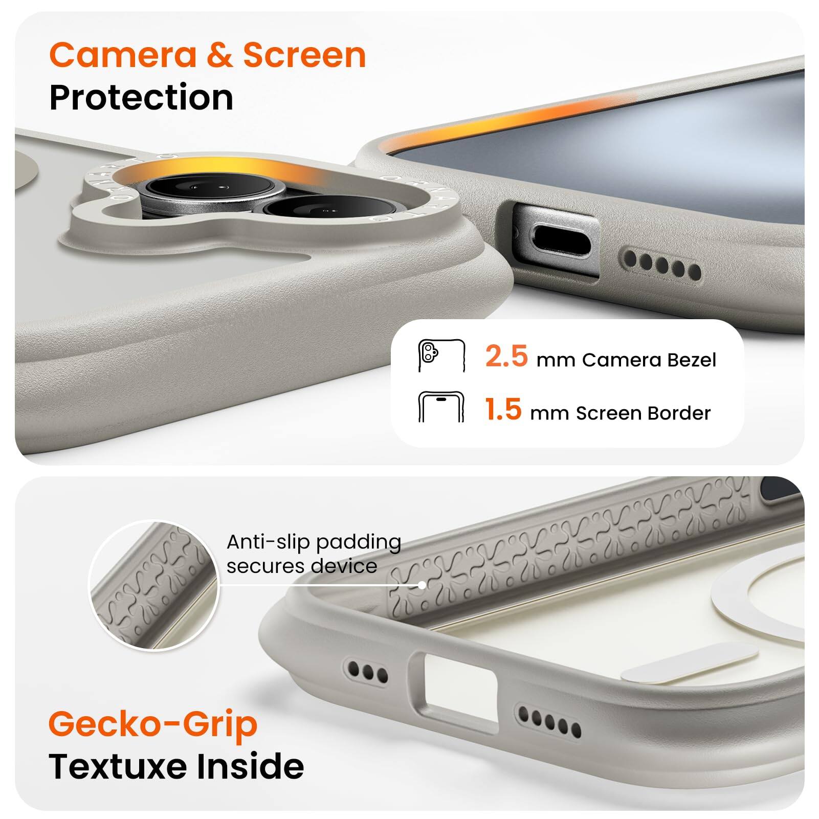 Camera & Screen Protection

2.5 mm Camera Bezel
1.5 mm Screen Border

Anti-slip padding secures device

Gecko-Grip Textuxe Inside