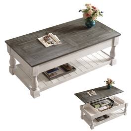 Loheer - farmhouse lift top coffee table, solid wood splice tabletop, two tier living room table - Antique Gray and Weathered White