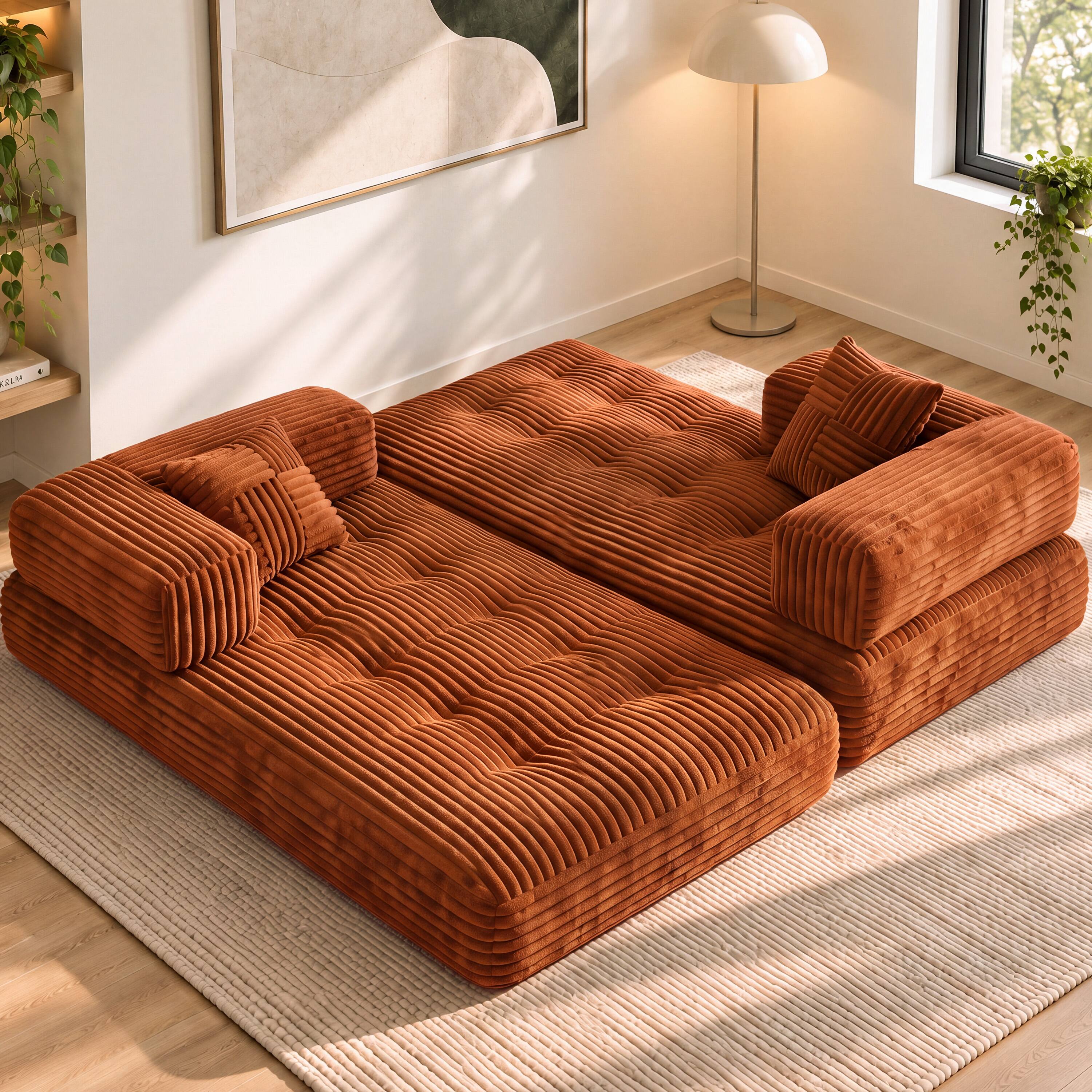 Angle. Vipbear - 78.7" Folding Boneless Couch with Fixed-Shape Frame, Corduroy Floor Sofa Loveseat Sleeper - Orange.
