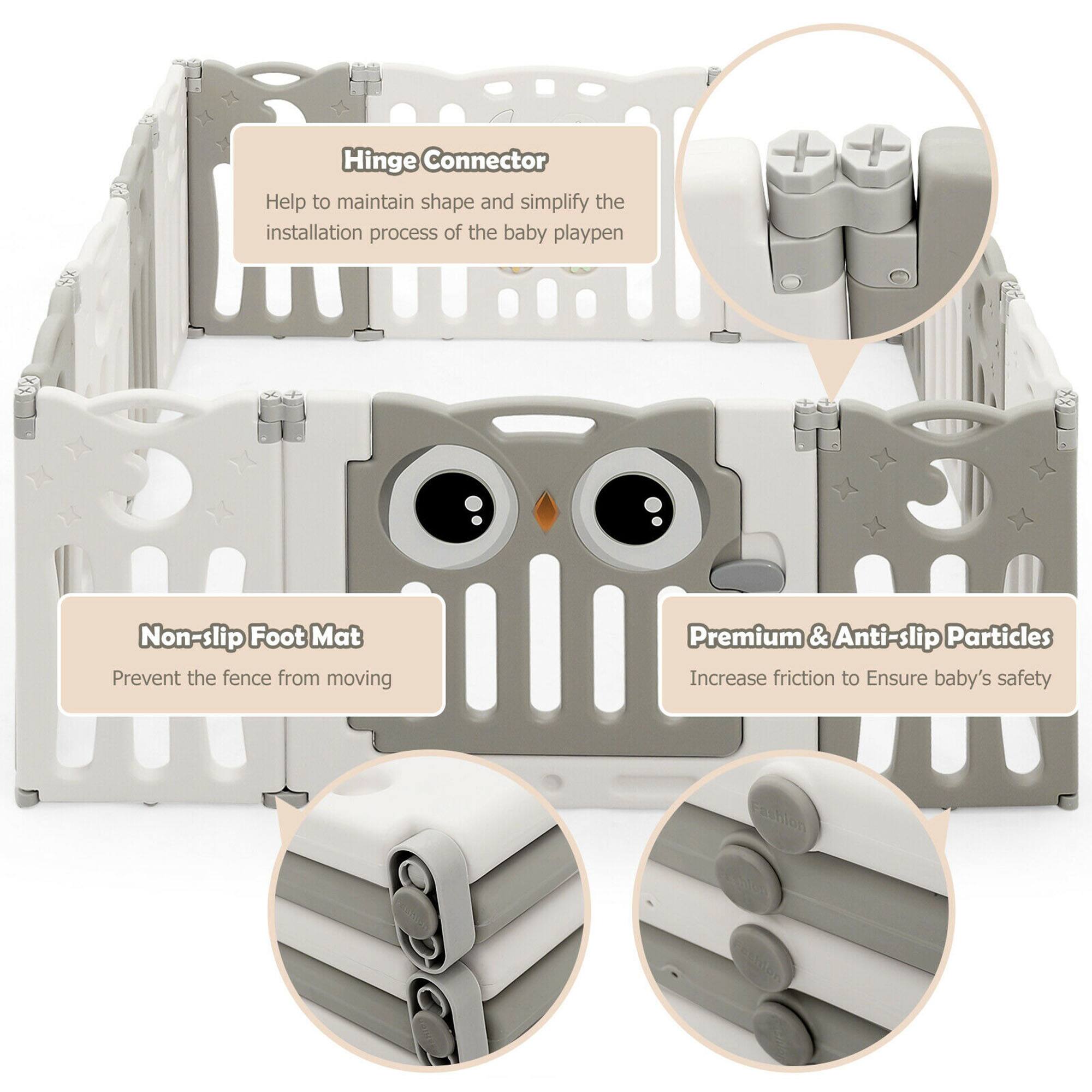 Hinge Connector: Help to maintain shape and simplify the installation process of the baby playpen

Non-slip Foot Mat: Prevent the fence from moving

Premium & Anti-slip Particles: Increase friction to Ensure baby's safety