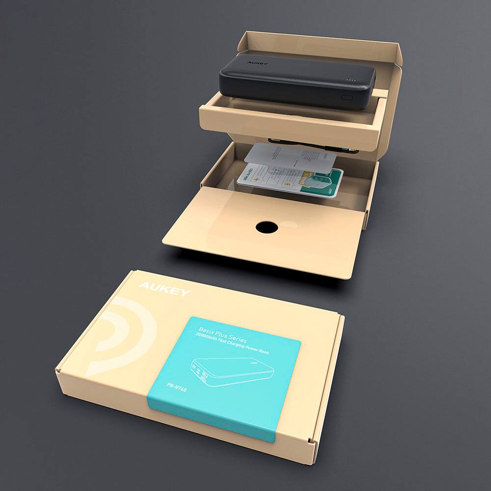 The text on the image reads: "AUKEY Basix Plus 20000mAh Fast Charging Power Bank IC PB PS-N74 NT 45".