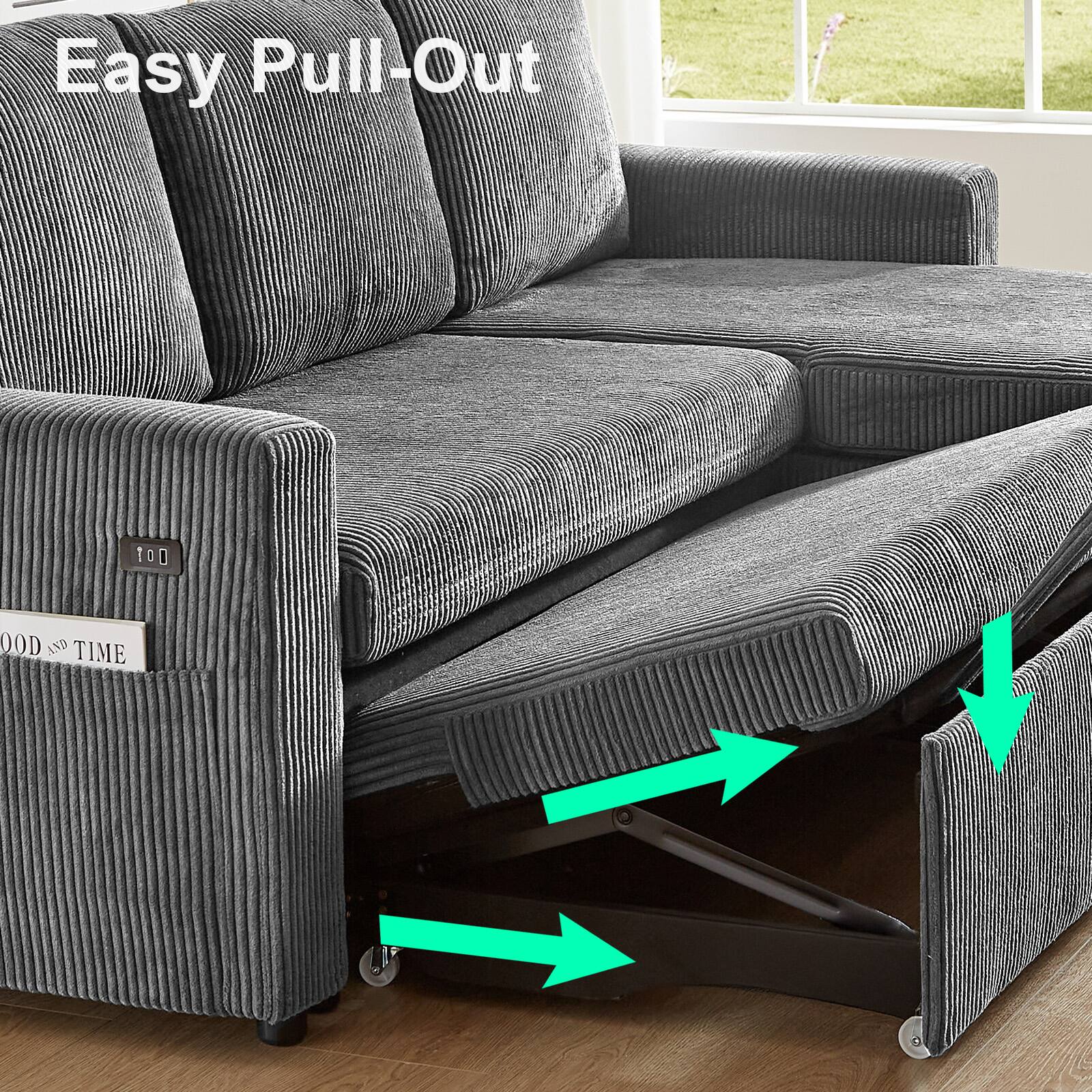 Alt View 6. Dyonery - 81" L Shaped Pull Out Couches for Living Room with Storage Chaise, USB Port&Cupholder - Grey.