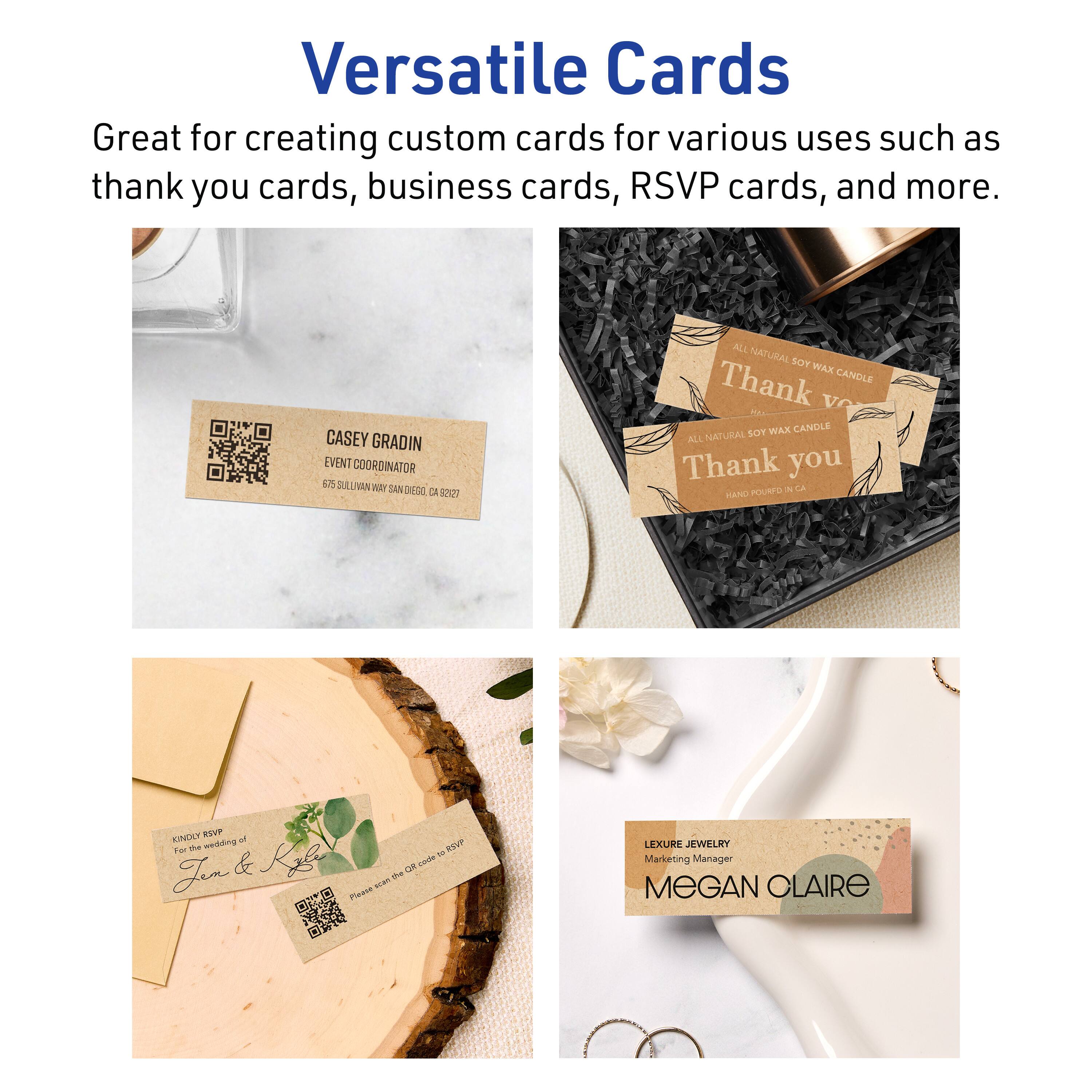 Versatile Cards

Great for creating custom cards for various uses such as thank you cards, business cards, RSVP cards, and more.

CASEY GRADIN  
EVENT COORDINATOR  
675 SULLIVAN WAY SAN DIEGO, CA 92127

ALL NATURAL SOY WAX CANDLE  
Thank you  
HAND POURED IN CA

KINDLY RSVP  
to the wedding of  
Jen & Kiki  
Please scan the QR code to RSVP

LEXURE JEWELRY  
Marketing Manager  
MEGAN CLAIRE