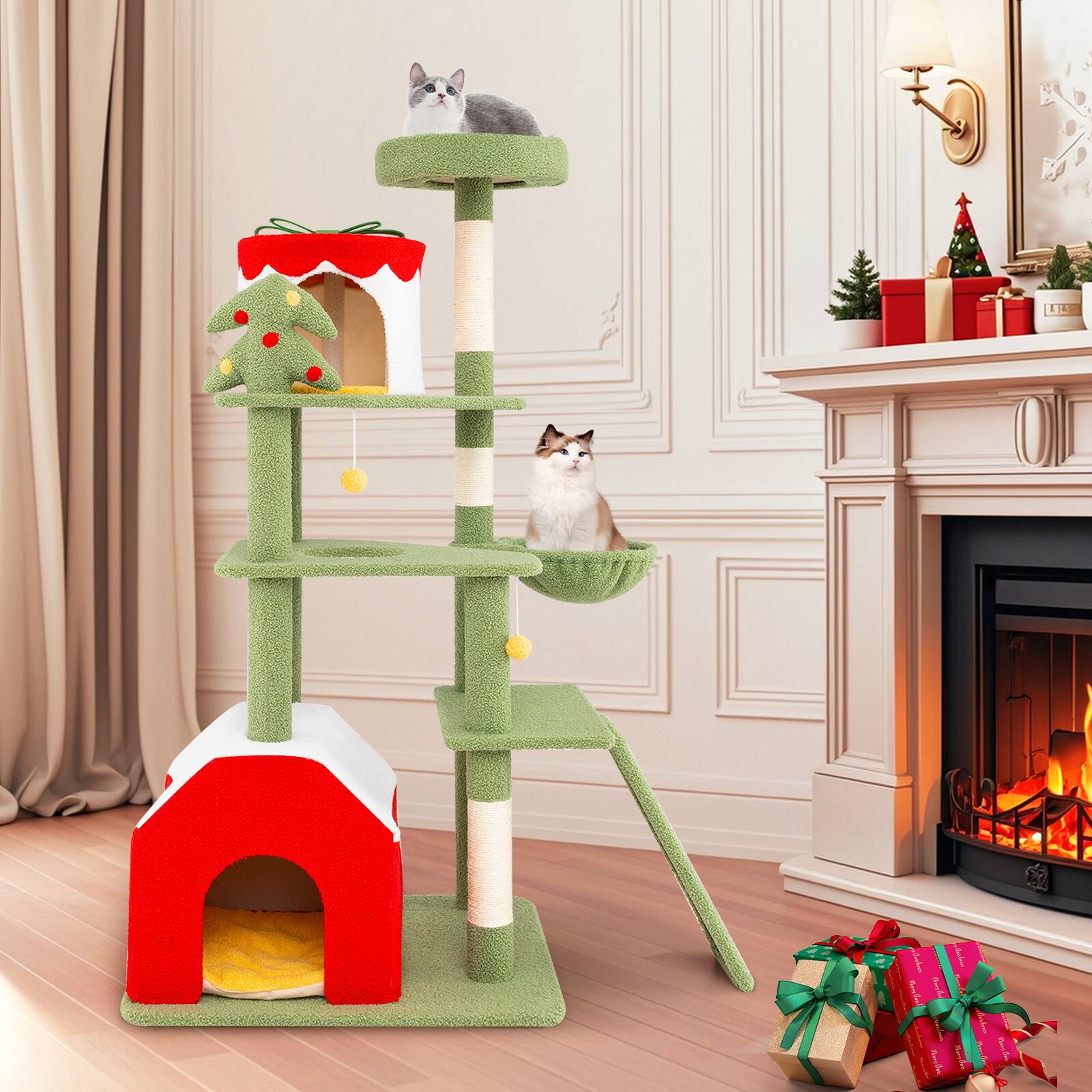 Alt View 4. Costway - Costway 61" Tall Christmas Cat Tower w/ Sisal Scratching Posts Pet Furniture for Indoor Kittens - Green,Red,Yellow,White.