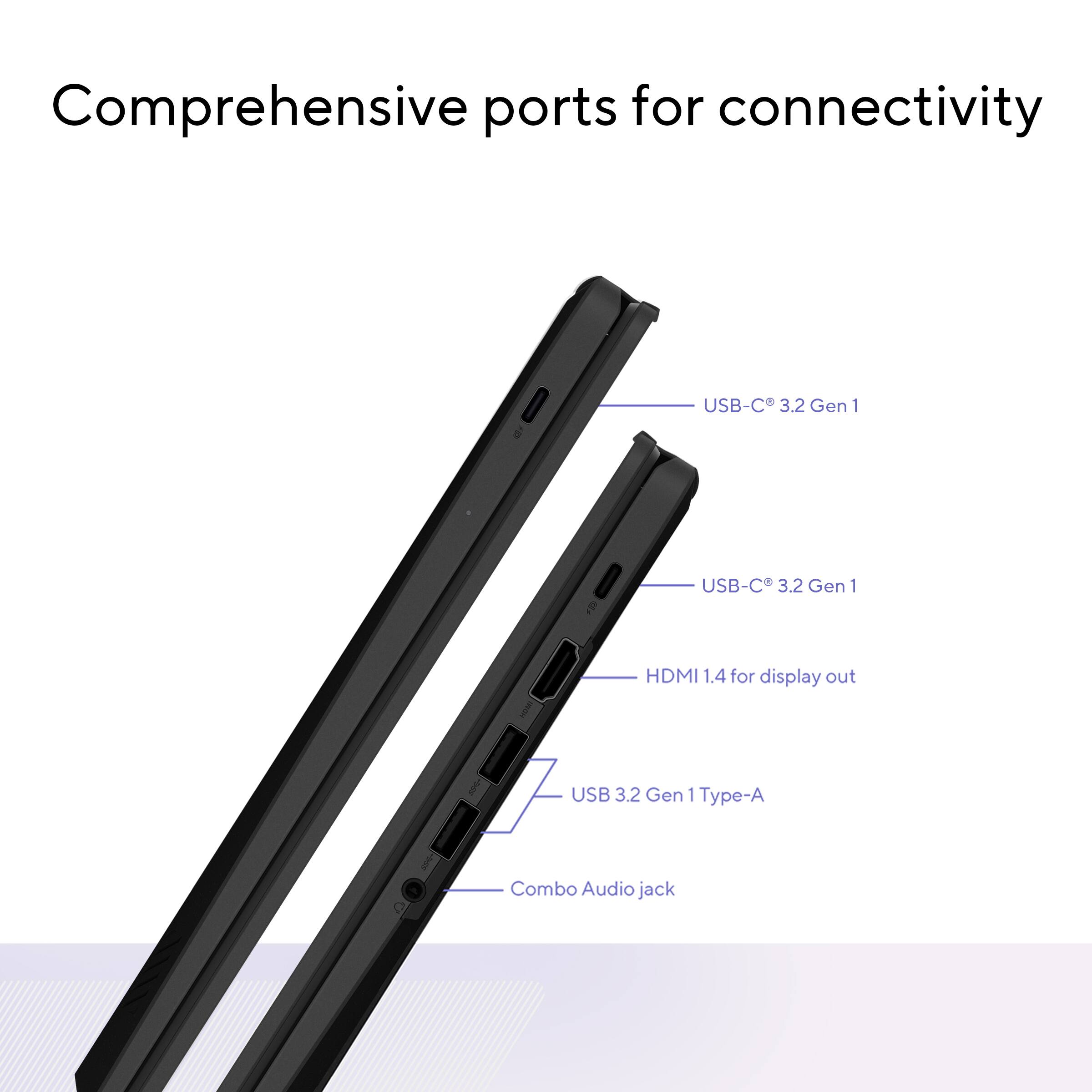 Comprehensive ports for connectivity

- USB-C 3.2 Gen 1
- USB-C 3.2 Gen 1
- HDMI 1.4 for display out
- USB 3.2 Gen 1 Type-A
- Combo Audio jack