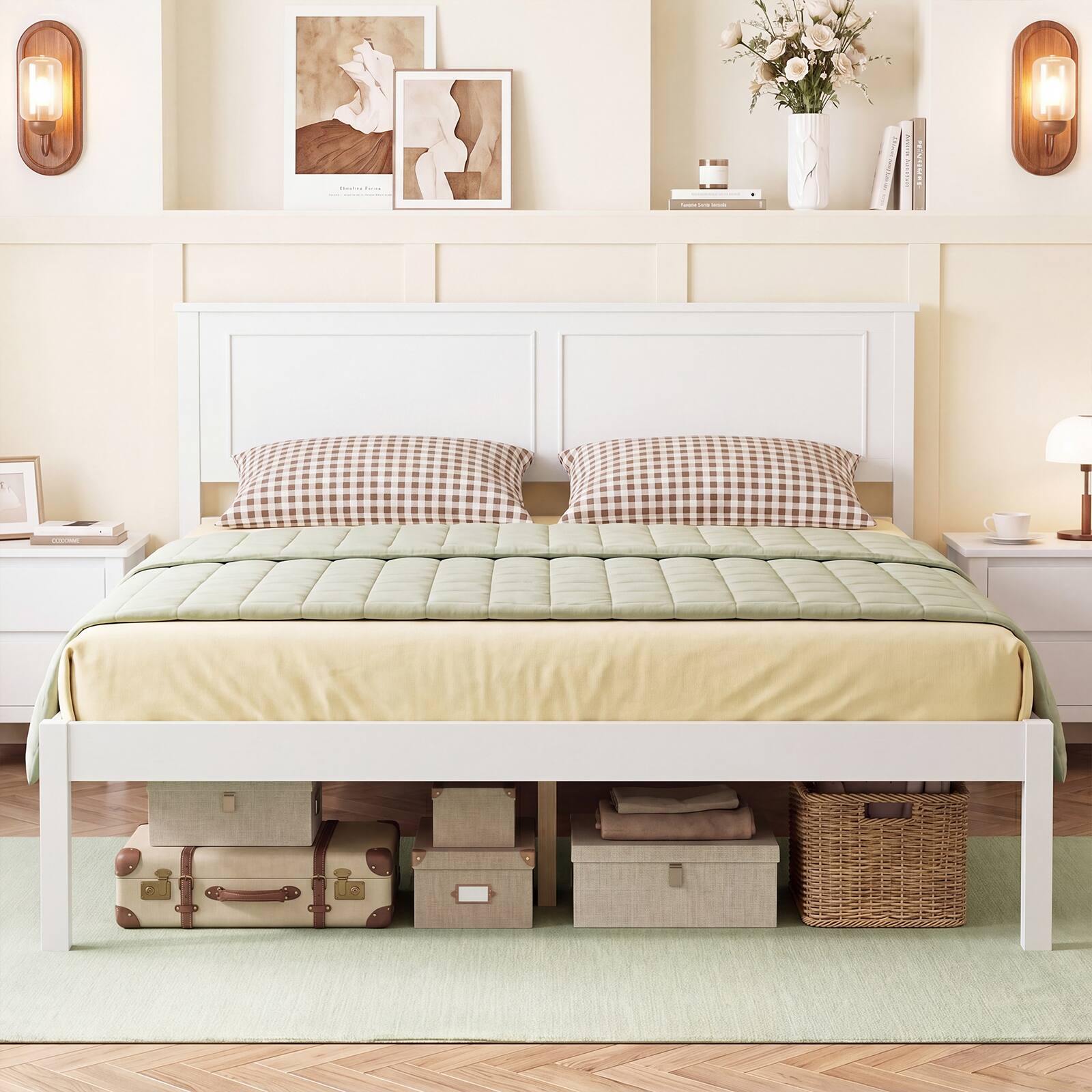 The text in the image reads:

- "Pierre Frey" (on the artwork above the bed)
- "COSMOGONIA" (on the book on the nightstand)