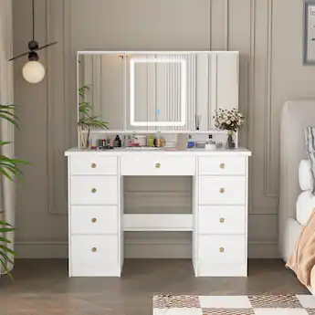 white dressing table with stool and mirror Monaco & Laura James Ireland The make Famapy LED Tri Fold Mirror