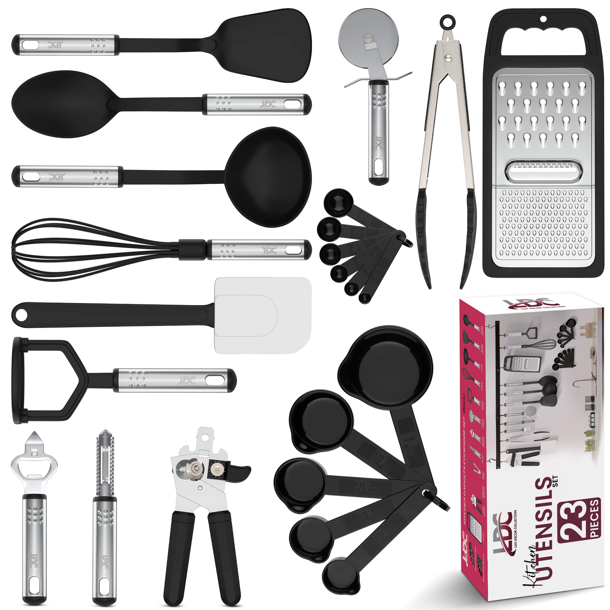 Lux Decor Collection - 23-Piece Kitchen Utensil Set Nylon & Stainless Steel Cooking Tools for Nonstick Pots & Pans, Heat-Resistant, Kitchen Set - Black