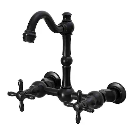 Front. Akicon - Akicon 6 inch Solid Brass Wall Mount Bathroom Faucet with 2 Cross Handles in Matte Black - Matte Black.