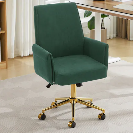 Front. HTUTWOO - Ergonomic Mid-Back Liftable Office Chair, Golden Metal Base, Memory Foam Cushion | for Home Office, Study, Work - Green.