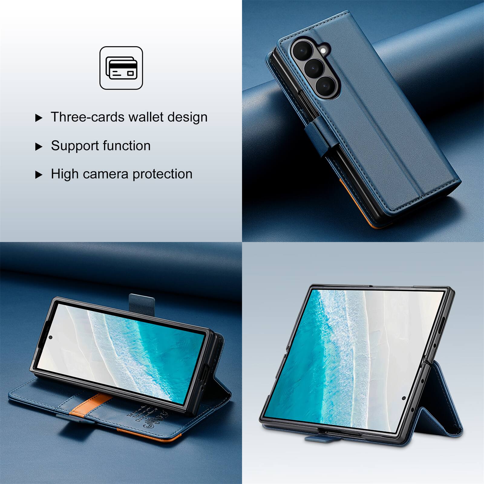 Three-cards wallet design  
Support function  
High camera protection
