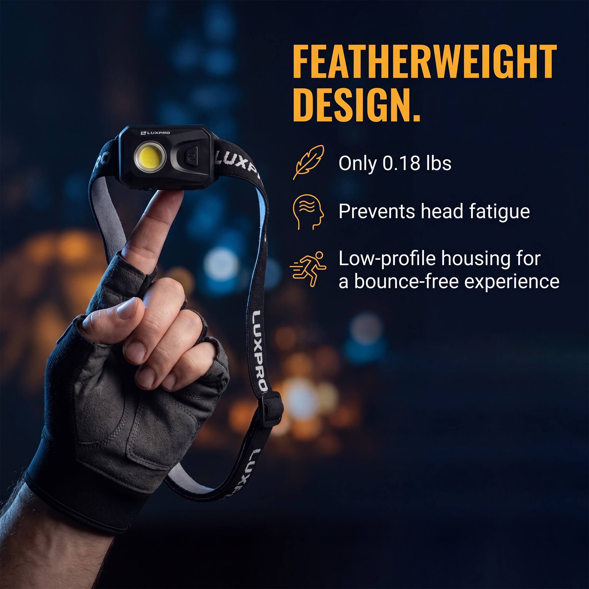 18 - LOCEO FEATHERWEIGHT DESIGN. LUXA Only 0.18 lbs Prevents head fatigue LUXPRO LUXA Low-profile housing for a bounce-free experience