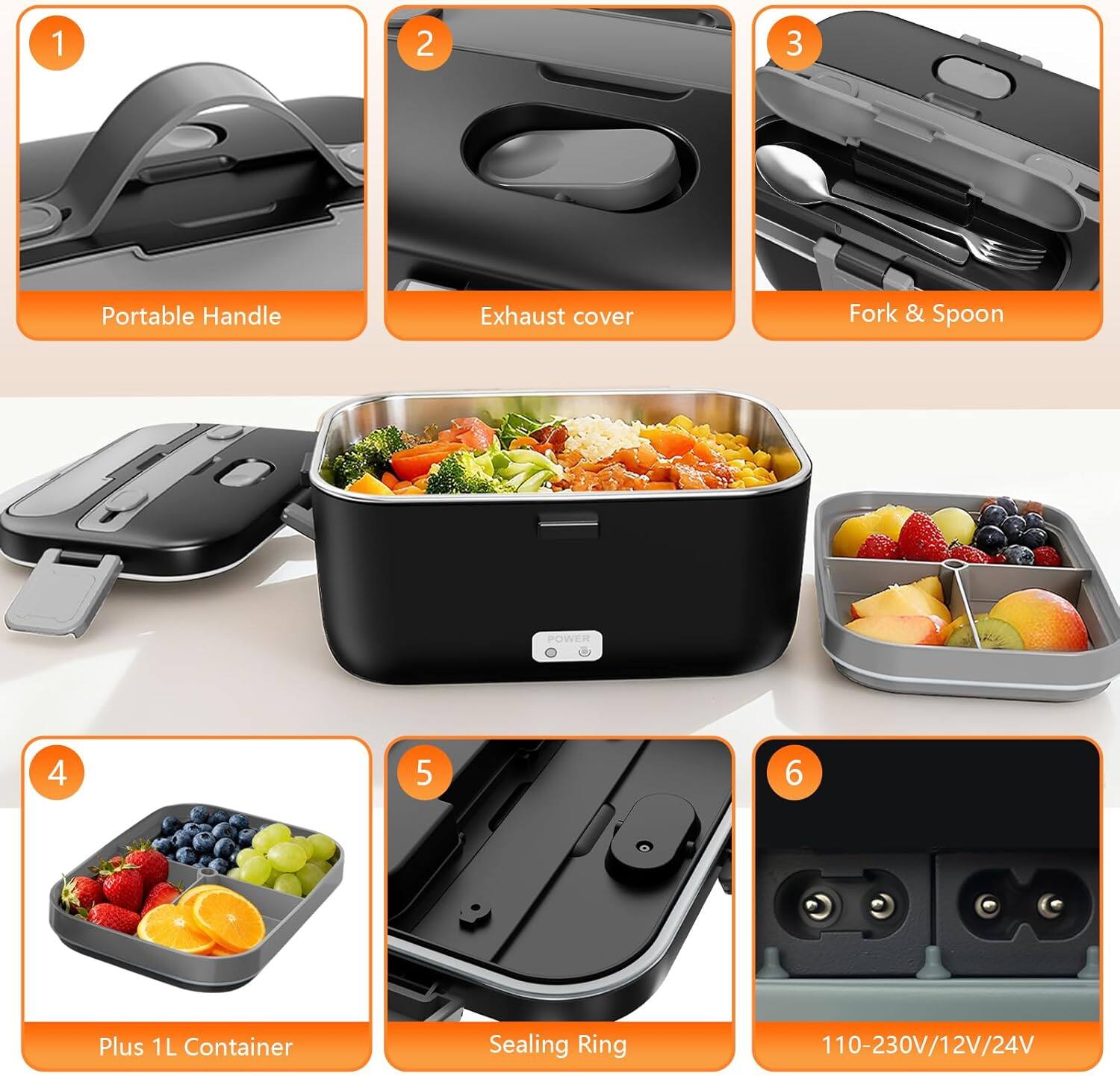 1. Portable Handle
2. Exhaust cover
3. Fork & Spoon
4. Plus 1L Container
5. Sealing Ring
6. 110-230V/12V/24V
