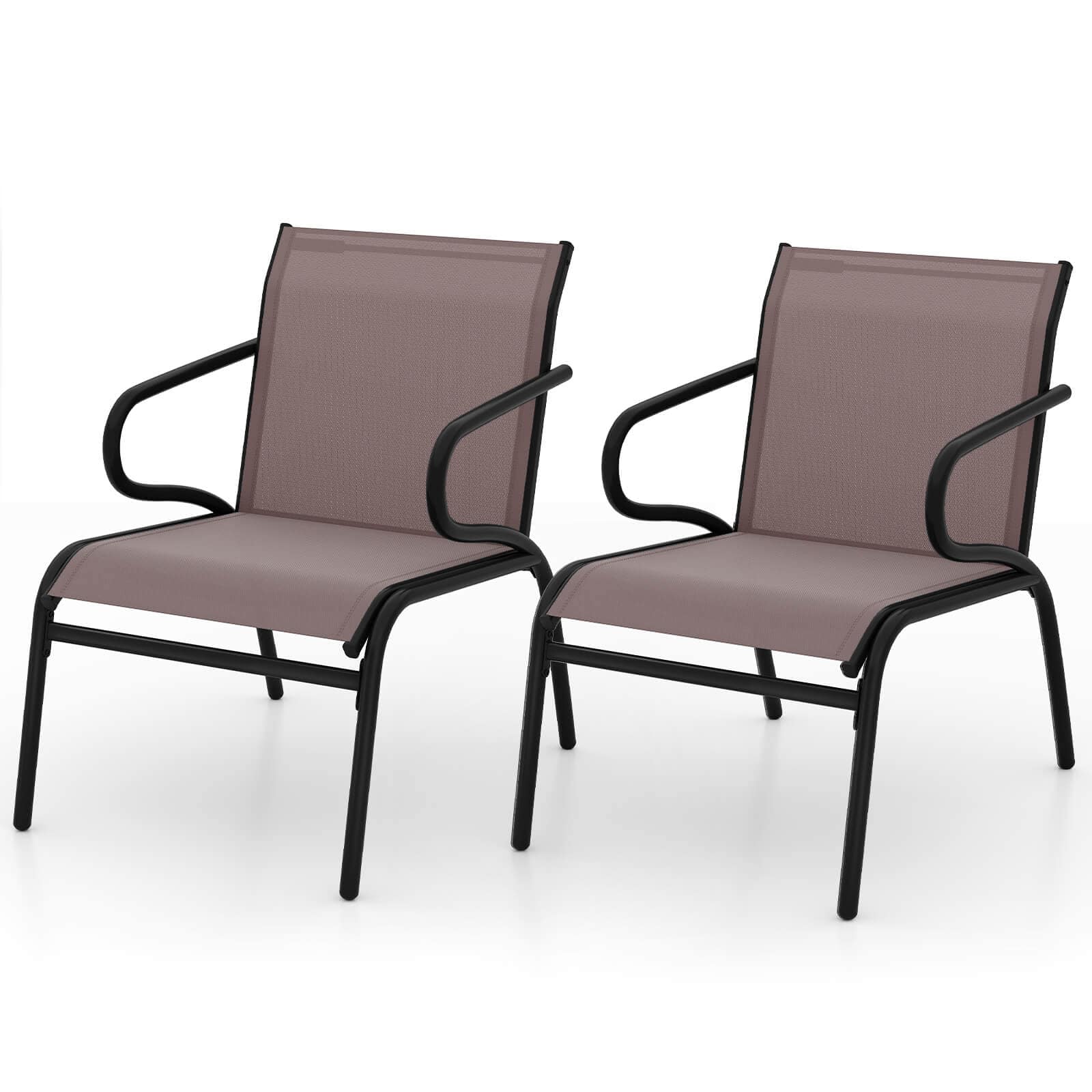 Costway - Patio Chairs Set of 2 with Breathable Fabric & Metal Frame Armrests for Poolside - Black,Brown