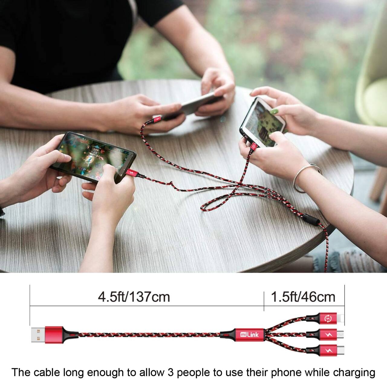 4.5ft/137cm  
1.5ft/46cm  

The cable is long enough to allow 3 people to use their phone while charging.