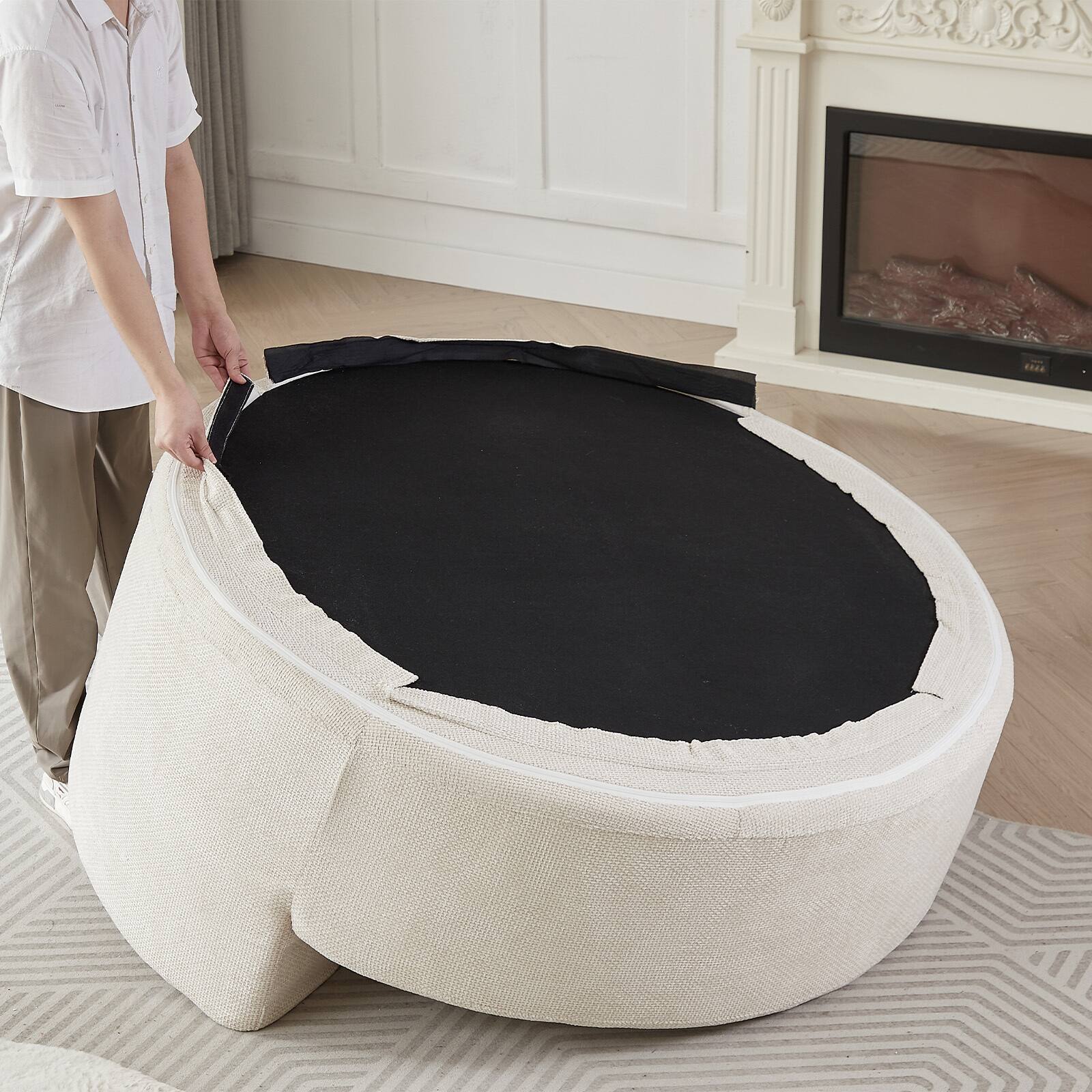 Alt View 3. Trinkets Crazed - Oversized Round Chaise Longue Chair Indoor, Deep Seat Circle Single Cloud Lounge Floor Chair - Beige.