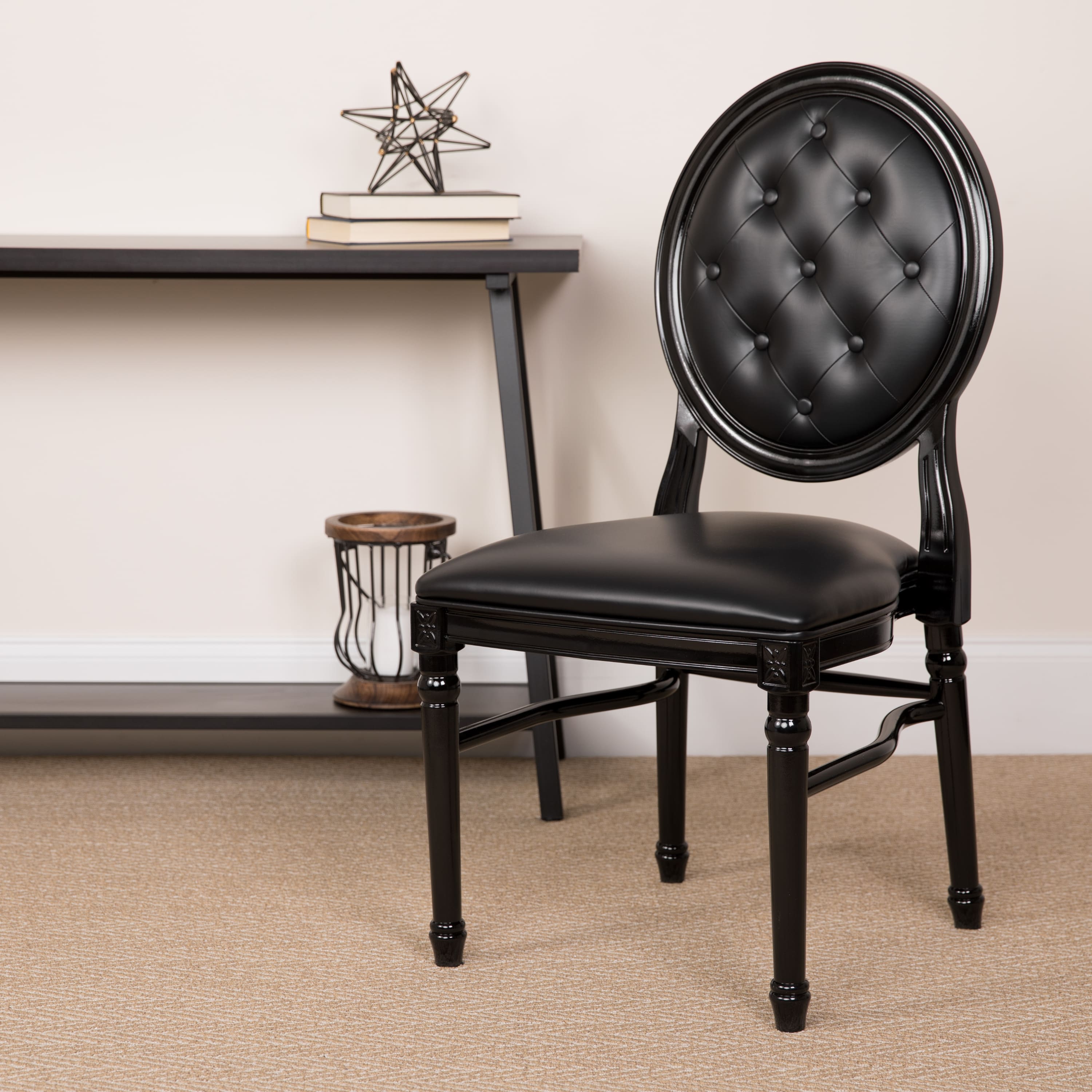 Emma + Oliver - King Louis Dining Side Chair, Desk Chair - Black Vinyl/Black Frame