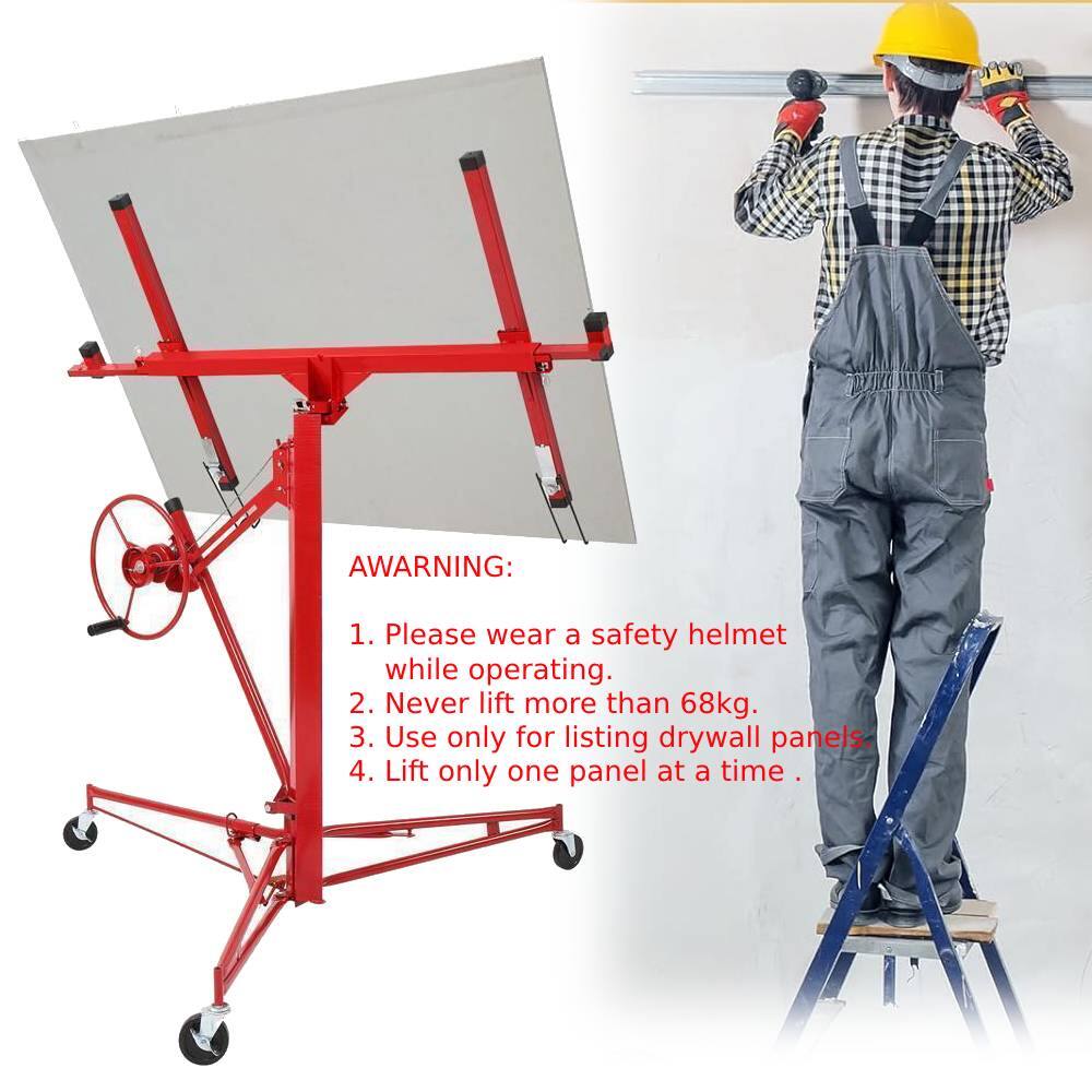 AWARNING:  
1. Please wear a safety helmet while operating.  
2. Never lift more than 68kg.  
3. Use only for listing drywall panels.  
4. Lift only one panel at a time.