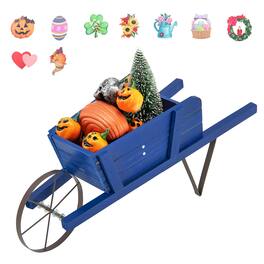Gymax - Wooden Wagon Planter Decorative Indoor/Outdoor Rustic Flower Cart w/Wheel - Blue