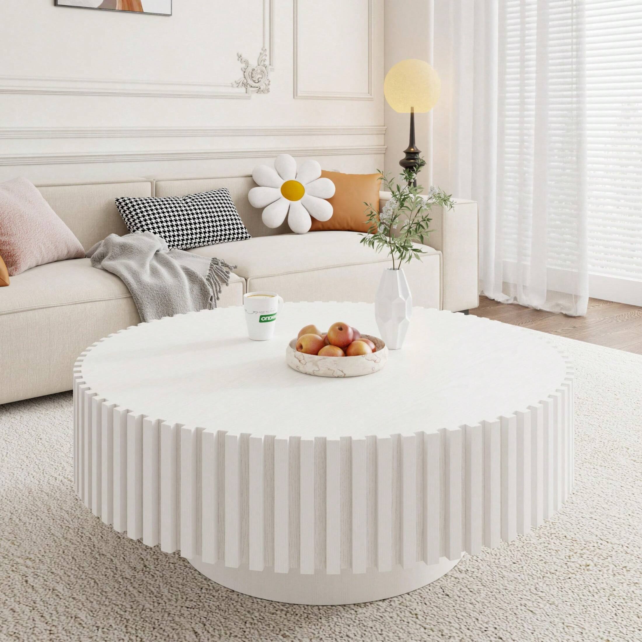 Angle. Trinkets Crazed - 39.37" Round Coffee Table Wood,Circle Coffee Table, Drum Fluted Coffee Accent End Side Center Table - White.
