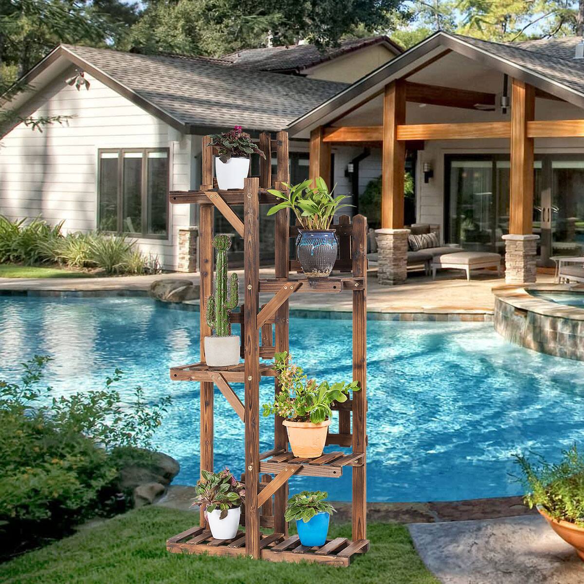 Alt View 8. Costway - 5-Tier Flower Rack Wood Plant Stand 6 Pots Display Shelf Multifunctional Rack - carbon baking.