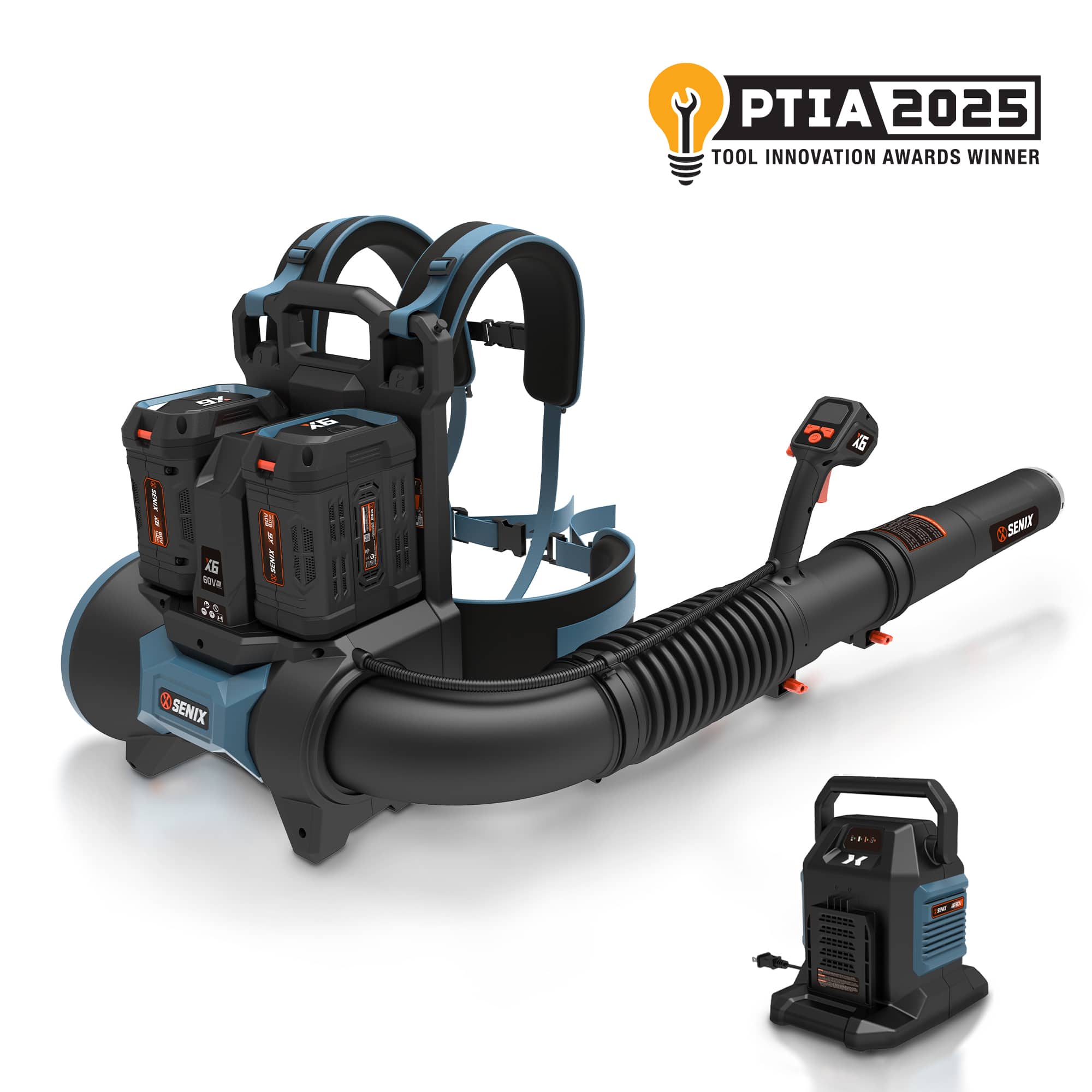 SENIX - X6 60V Max* Cordless Backpack Blower, Brushless (2 60V 6.0Ah Batteries and 8A Dual-Port Charger Included) - Blue