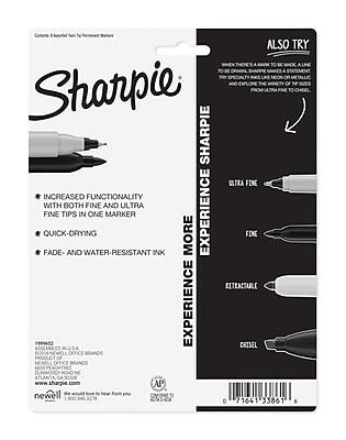 Sure, here is the corrected and grouped text from the image:

---

**Sharpie**

**Experience More Sharpie**

- Increased functionality with both fine and ultra fine tips in one marker
- Quick-drying
- Fade- and water-resistant ink

**Also Try**

- Specialty Sharpie
- Ultra Fine
- Fine
- Retractable
- Chisel

**Experience More**

**www.sharpie.com**

**AP**

**Newell Brands**

**0 71641 33861 6**

---

This text is organized to reflect the information on the packaging, including the product features, additional product suggestions, and company details.