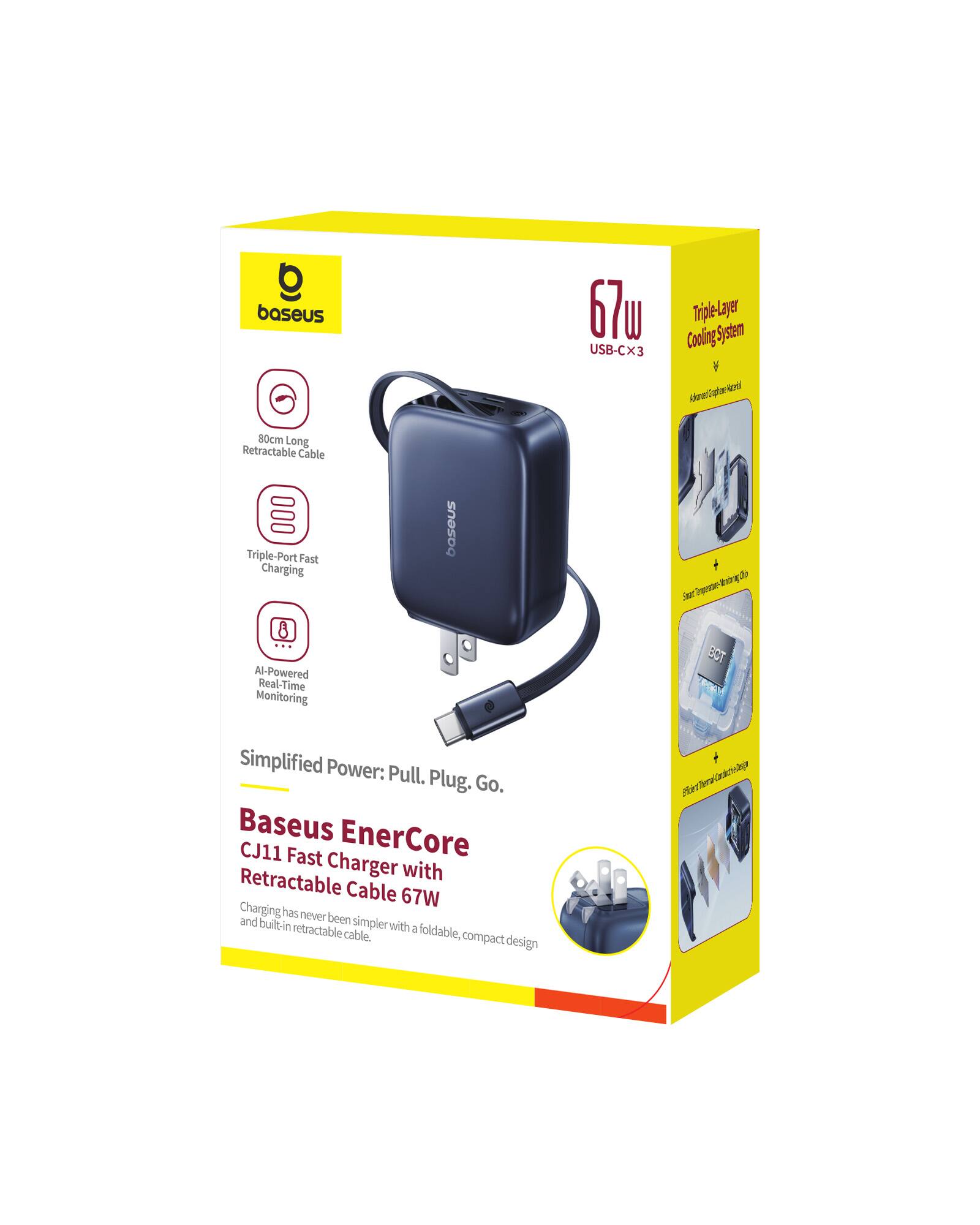 b baseus 67W USB-CX3 Triple Layer Cooling System 80cm Long Retractable Cable Triple-Port Fast Charging 8 Al-Powered Real-Time Monitoring Simplified Power: Pull. Plug. Go. Baseus EnerCore CJ11 Fast Charger with Retractable Cable 67W Charging has never been simpler with a foldable, compact design and built-in retractable cable.