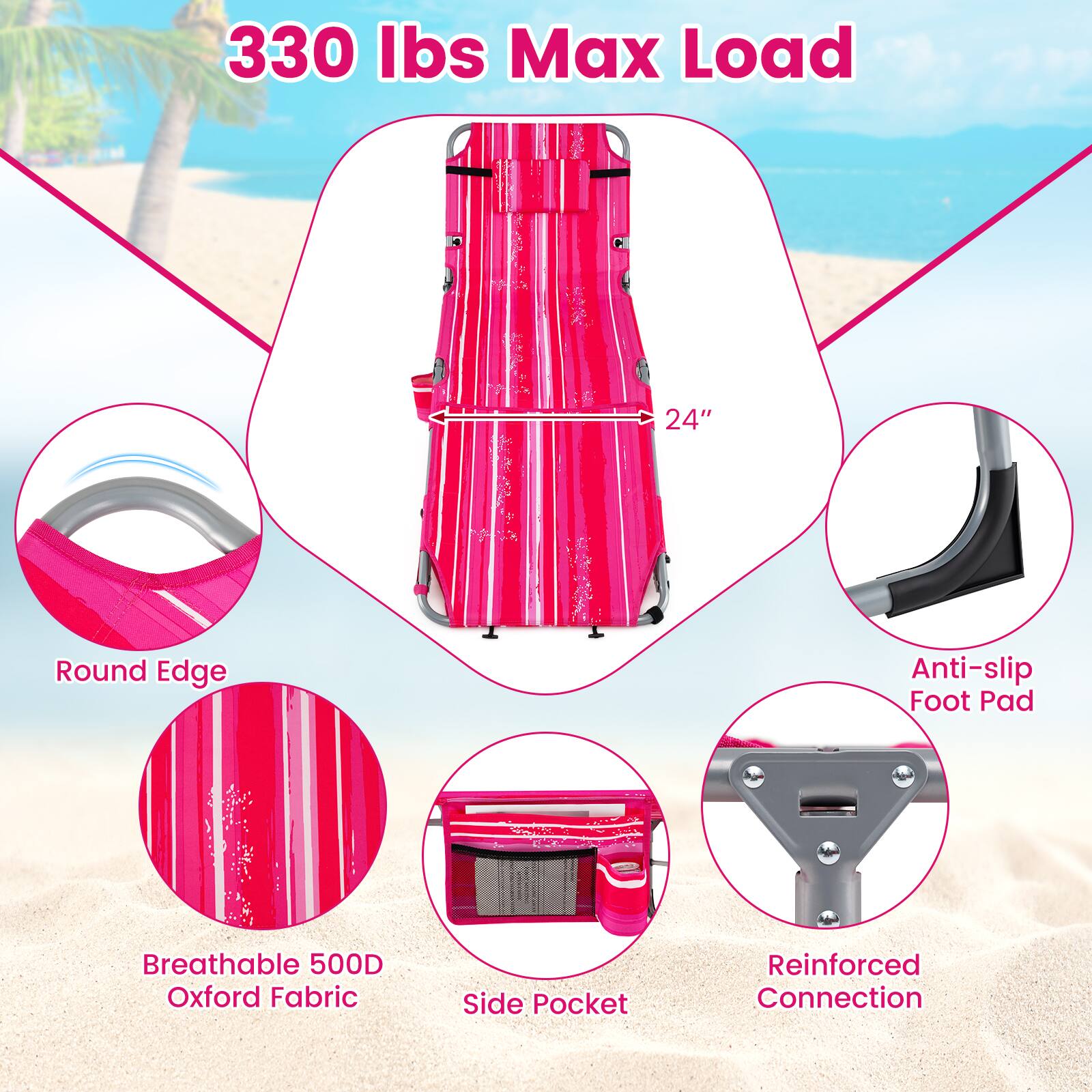 330 lbs Max Load  
24" Round Edge  
Anti-slip Foot Pad  
Breathable 500D Oxford Fabric  
Side Pocket  
Reinforced Connection