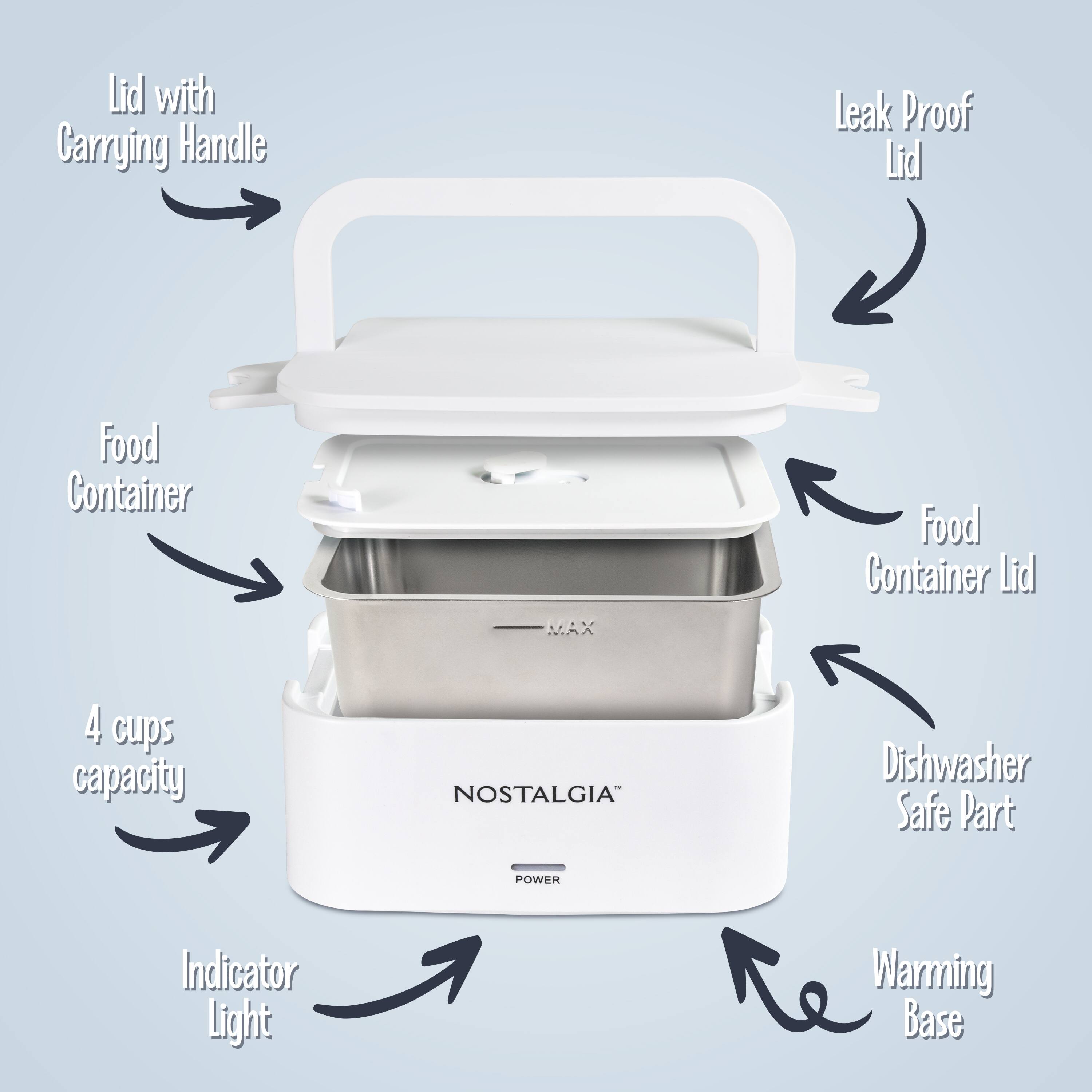 Lid with Carrying Handle  
Leak Proof Lid  
Food Container  
Food Container Lid  
4 cups capacity  
Dishwasher Safe Part  
Indicator Light  
Warming Base  
NOSTALGIA