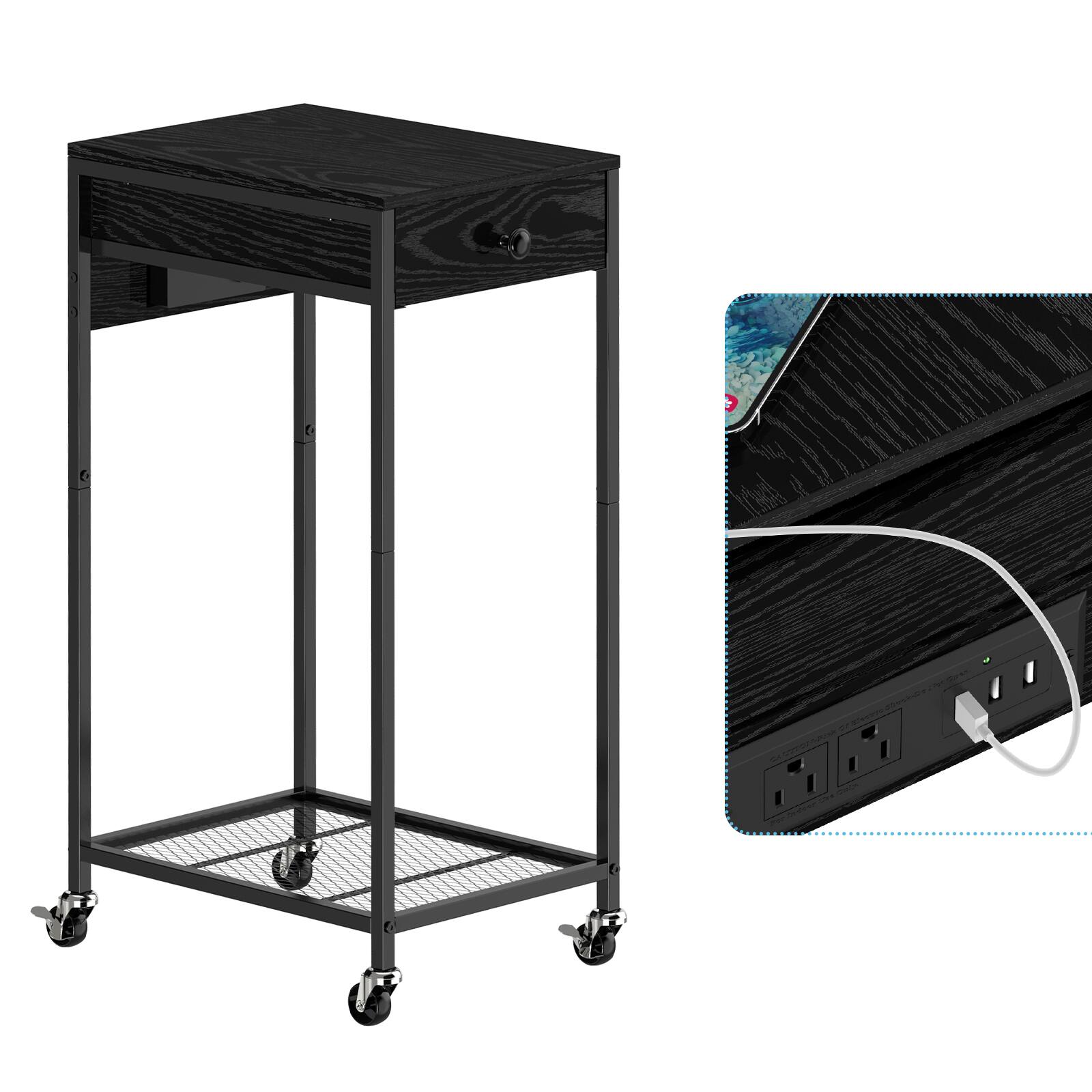 Back. Oumilen - Mobile Printer Stand with Charging Station & Wooden Drawer, Black Rolling Side Table with Mesh Storage Shelf - Black.