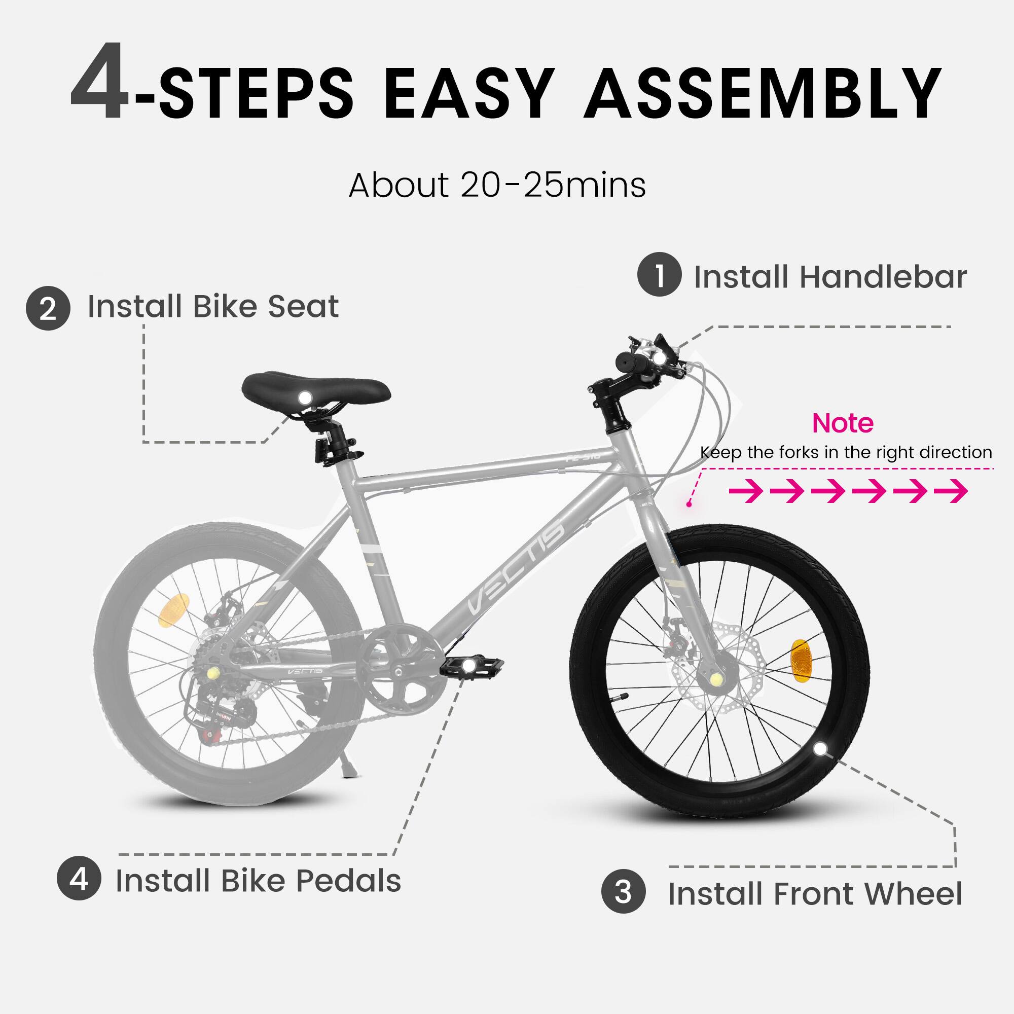 4-Steps Easy Assembly  
About 20-25 mins  

1. Install Handlebar  
   Note: Keep the forks in the right direction  

2. Install Bike Seat  

3. Install Front Wheel  

4. Install Bike Pedals