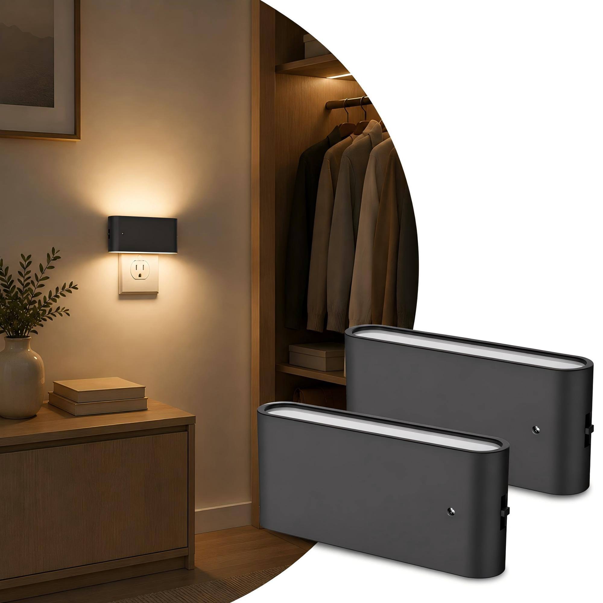 Angle. Jandcase - JANDCASE 2-Pack 1W  Plug-in Night Light, 3000K Warm Glow, Horizontal Wall Sconce with Up/Down Light, Slide Dimmer - Black.