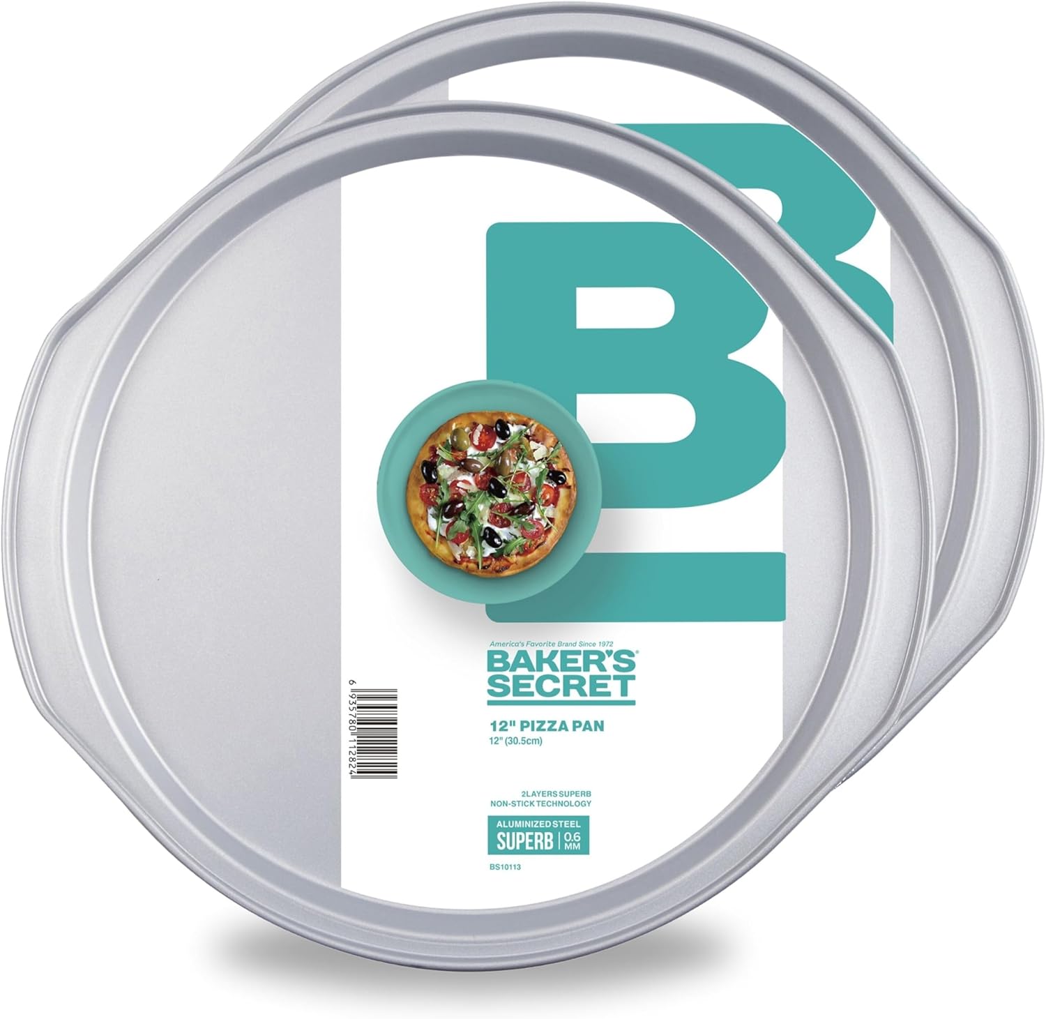 2 935780 12824 B AmArizas Founzite drane dumna 12 BAKER'S SECRET 12" PIZZA PAN 12 (30.5cm) ILATERS SUPERO NONSTICK TECHNOLOGY ALUMINIZEDS DSTEEL SUPERB 0.6 MM S10113

BAKER'S SECRET  
12" PIZZA PAN  
12 (30.5cm)  
NON-STICK TECHNOLOGY  
ALUMINIZED STEEL  
SUPERB 0.6 MM  
S10113