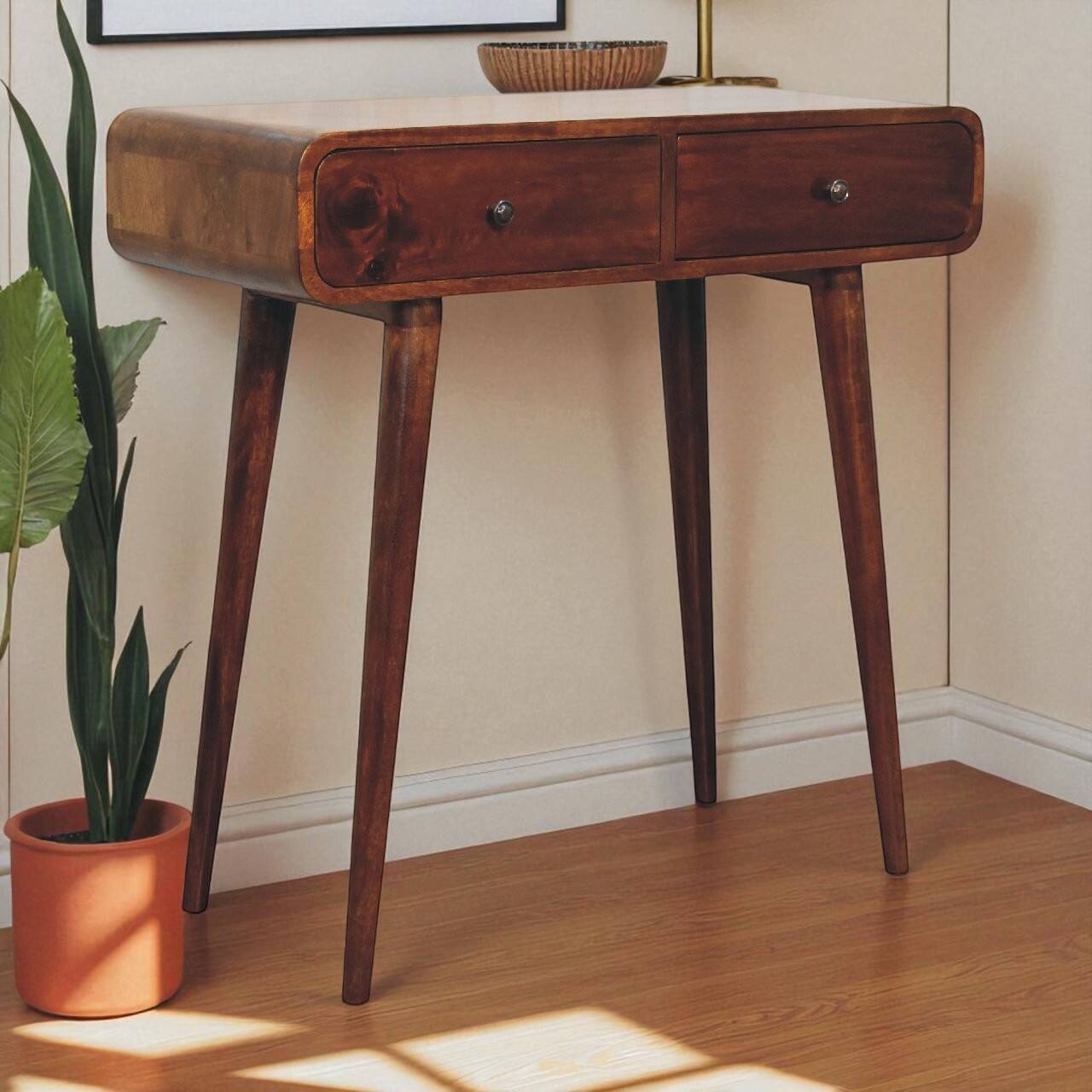 Angle. Artisan Furniture - Artisan Furniture Solid Wood Chestnut Curved Hallway Table, 2 Drawers, Dark Brown - Brown.