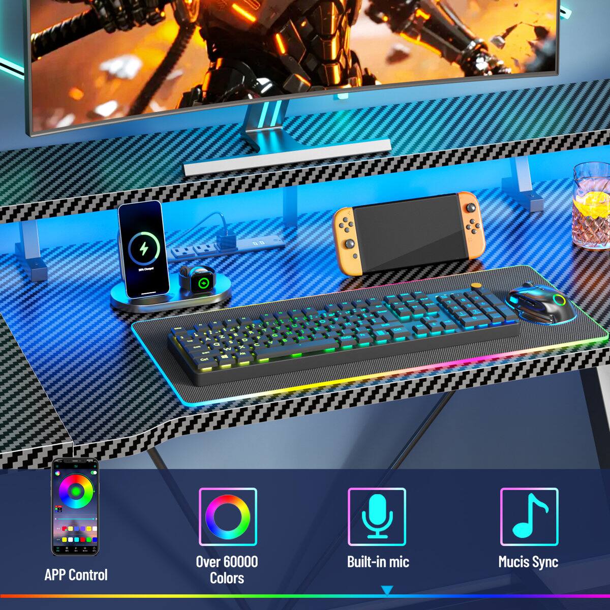 - 19 1 - - - . 1 - - 1 - A . - % - - d - - . - - 1 d - i - M - i - - - - - - u - J 5 APP Control Over 60000 Colors Built-in mic Music Sync
