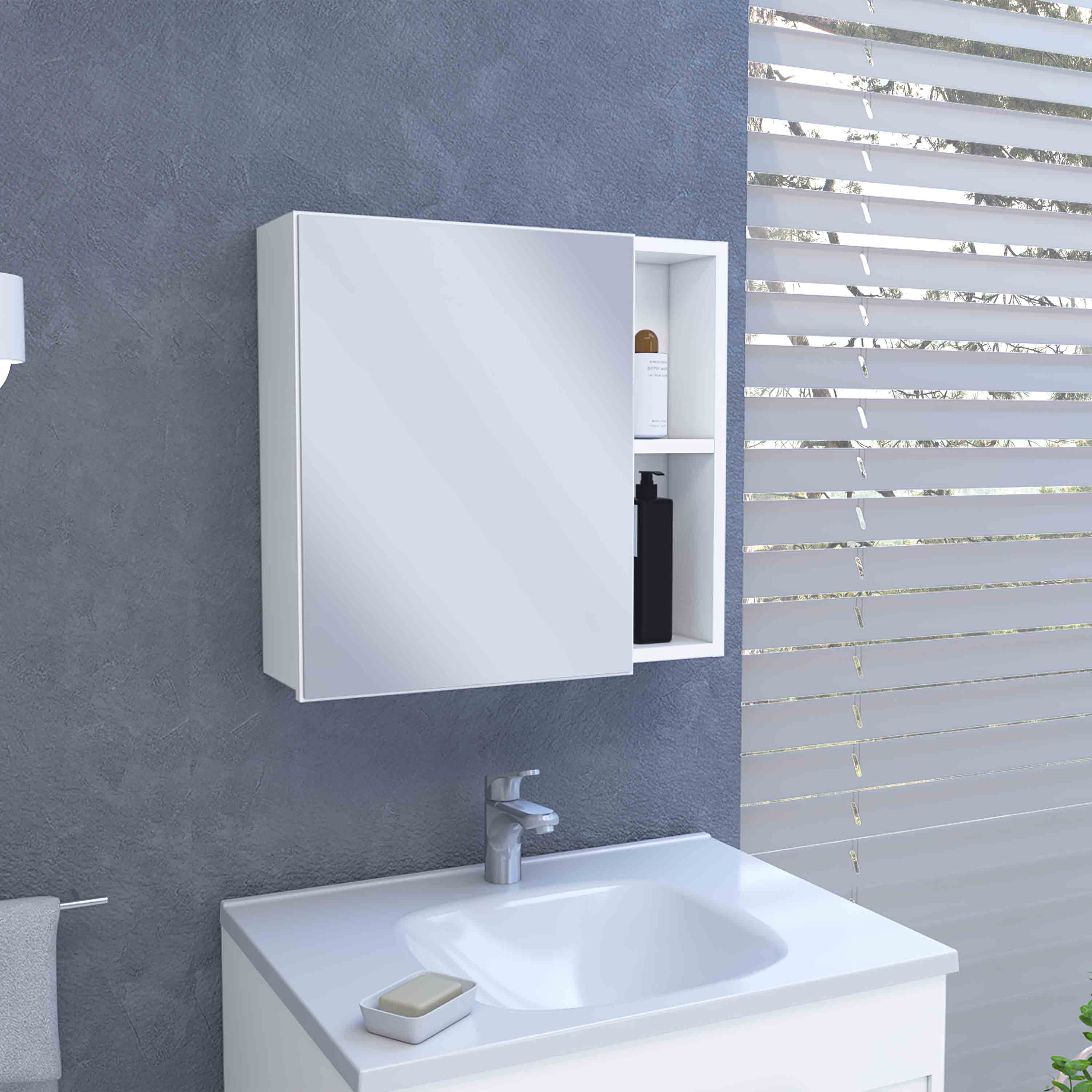 Angle. TuHome - Oman Medicine Cabinet, Three Internal Shelves, Single Door, Two External Shelves - White.