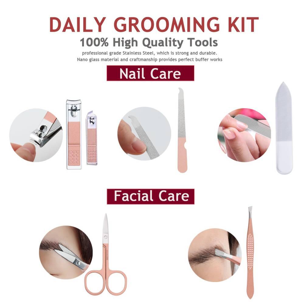 DAILY GROOMING KIT

100% High Quality Tools  
professional grade Stainless Steel, which is strong and durable.  
Nano glass material and craftsmanship provides perfect buffer works

Nail Care

Facial Care